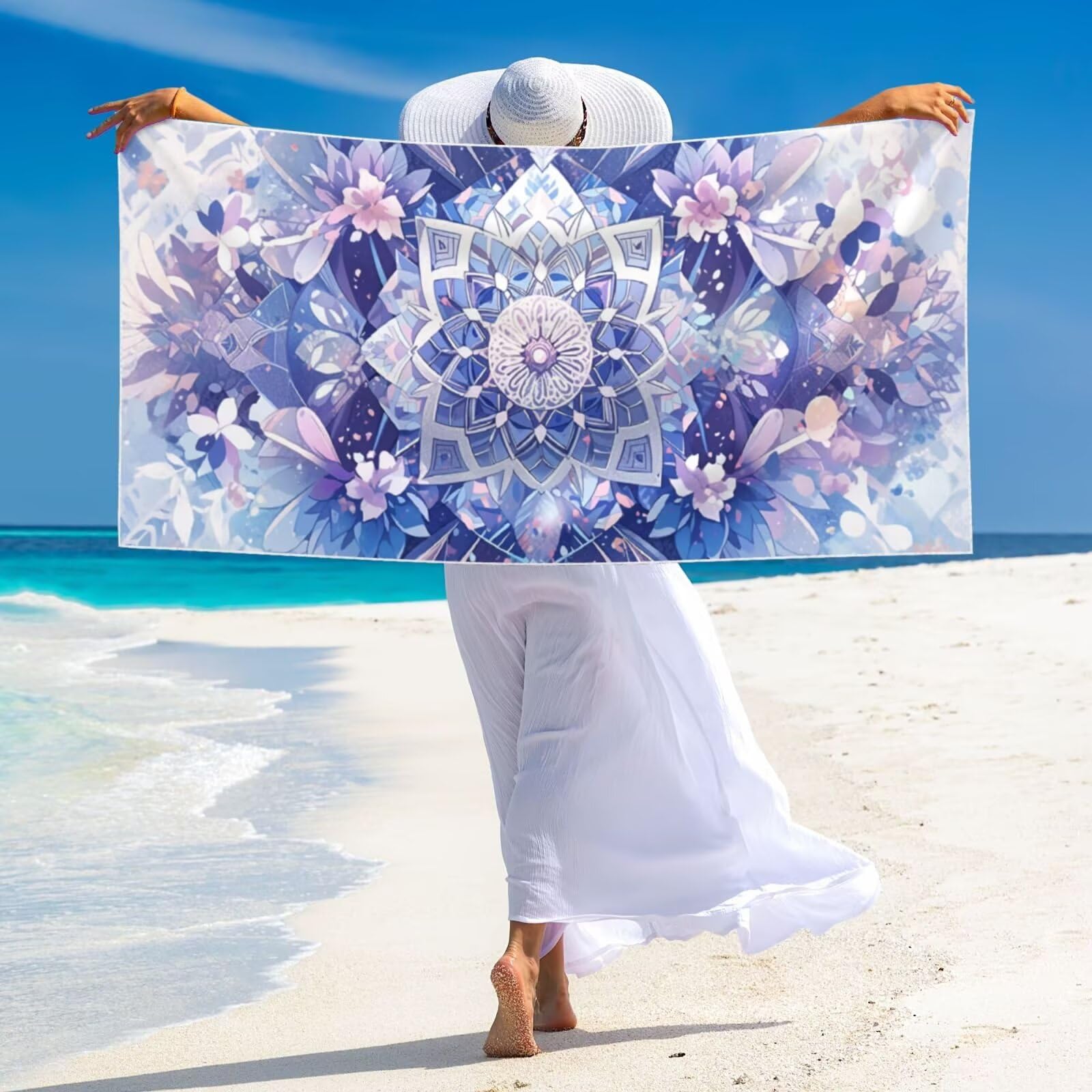 Serviette de Plage Microfibre XXL 100x200cm Grande Drap de Plage Serviettes Anti Sable Beach Towel Sechage Rapide Absorbante pour Fitness Sport, Camping Vacances Travel Fleur de Datura violette G-800