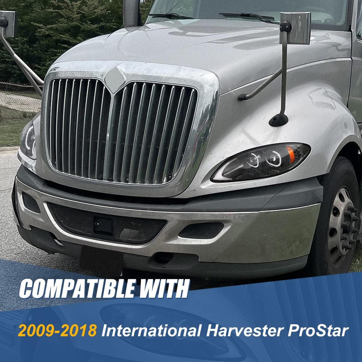 Auto Dynasty Full LED C-Style Halo DRL Projector Headlights Assembly Compatible with International Harvester ProStar 2009-2018, Driver and Passenger Side, Black Housing