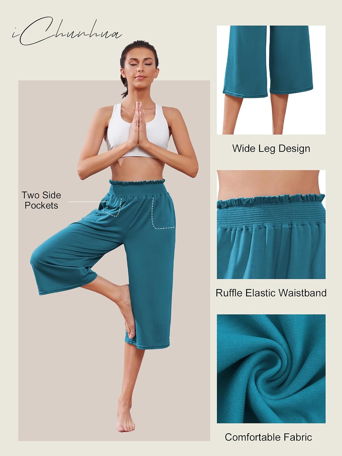 iChunhua Wide Leg Capri Yoga Pants for Women Loose Summer Ruffles High Rise Cropped Bottom with Pockets