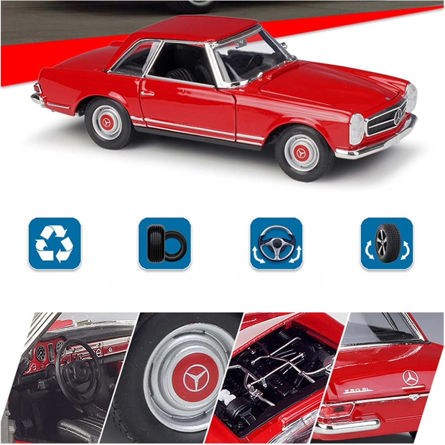 1:24 for 230SL Alloy Diecast Metal Toy Retro Old Car Model Collection Gift(Red,with Box)