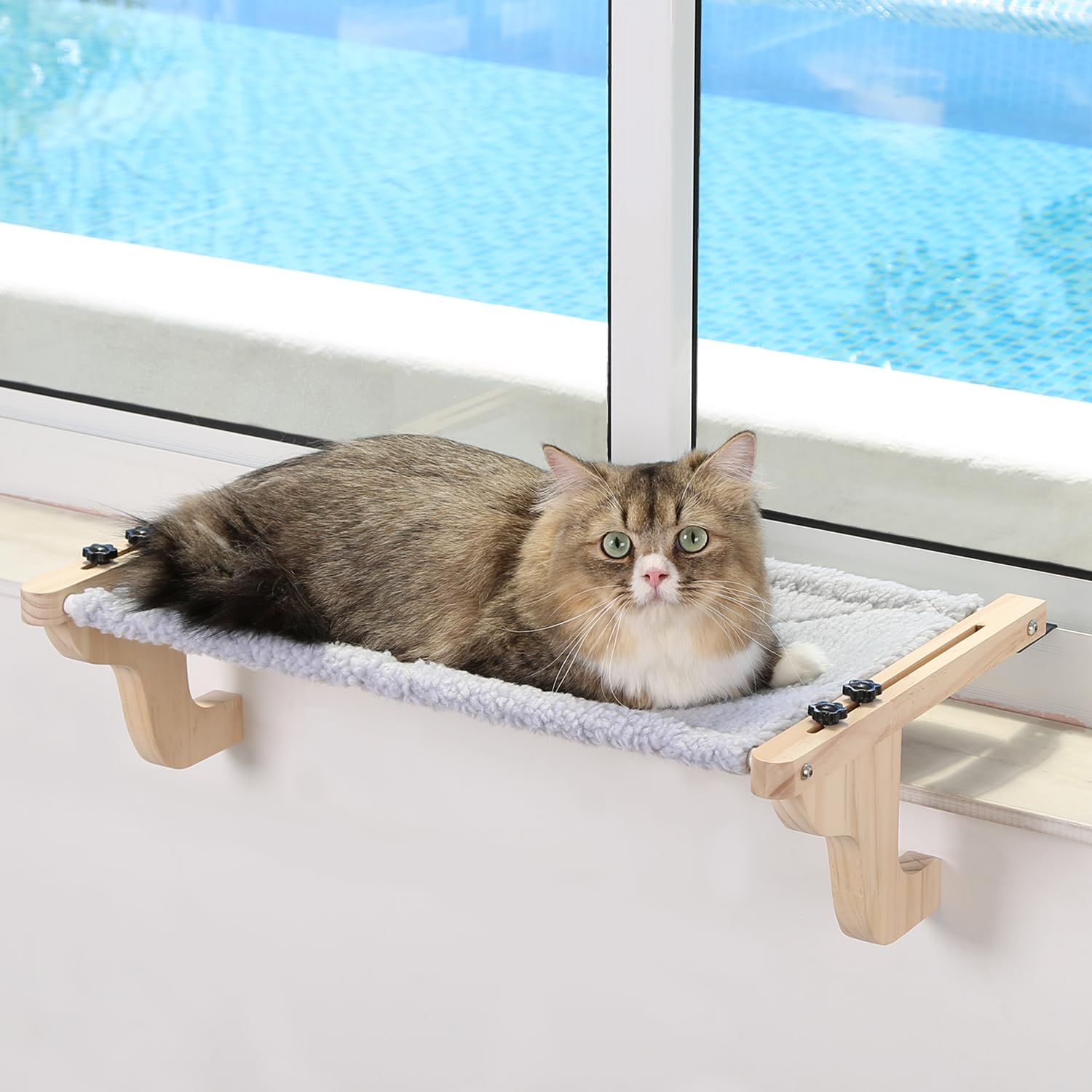 Zakkart Easy Seat Cat Perch for Window Sill - Hammock Design w/Pine Wood & Robust Metal Frame - Cat Window Seat for Large Cats and Kittens (Natural