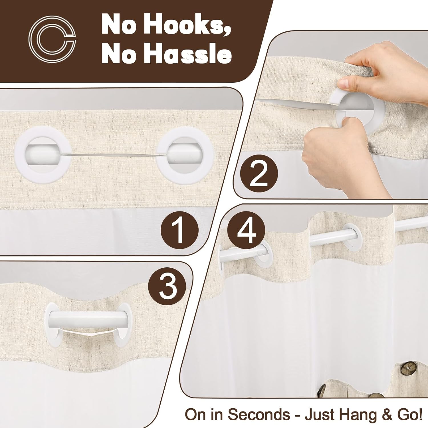 ASPMIZ Farmhouse Shower Curtain and Liner Set, No Hook Shower Curtain with Snap in Liner Fabric, Linen Washable Waterproof Bathroom Curtains with Button, Mesh Top Window, Linen Color, 71"x 74"