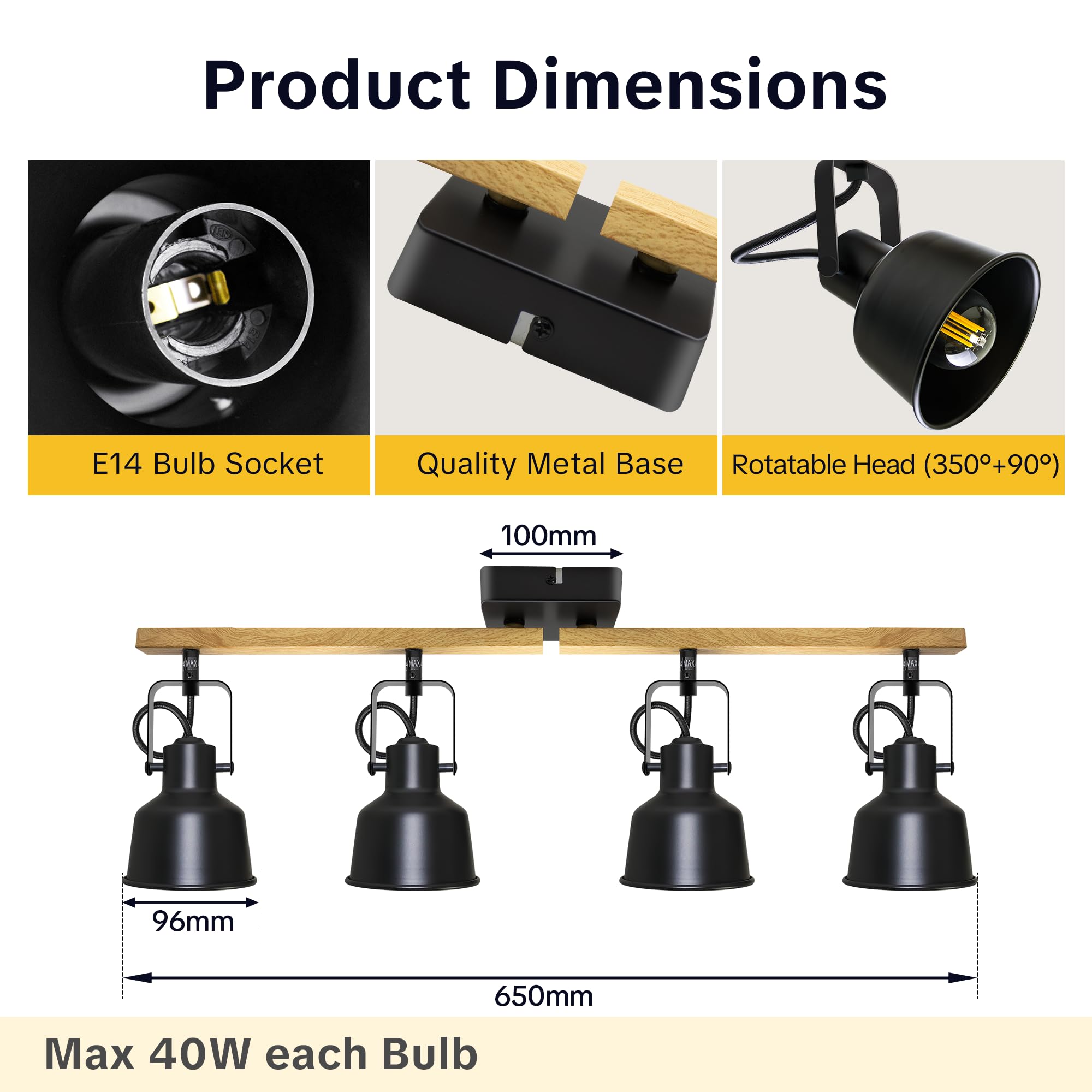 Lámpara Techo Focos, 4 Focos Led Interior Techo Base E14, Apliques Techo Focos con madera Base Rectangular, 350° Giratorios Plafón Foco de Techo LED, Negro (Sin Bombilla)