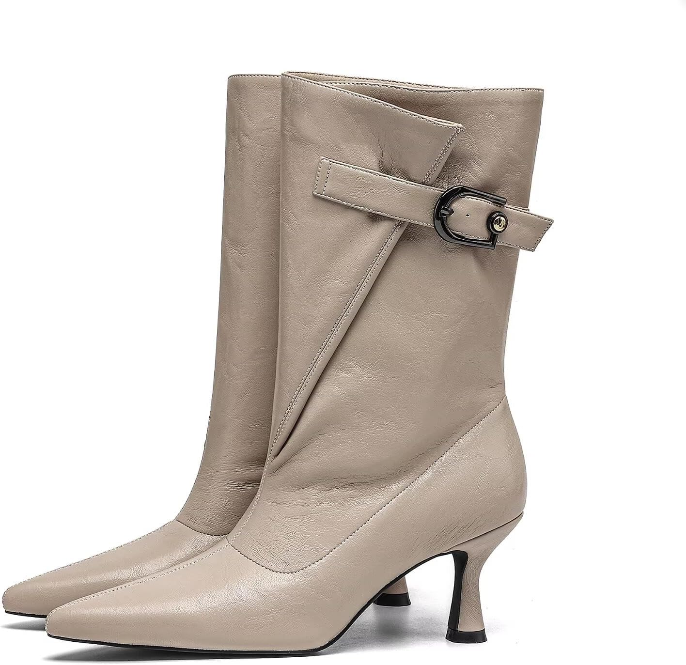 Mid Calf Boots for Women with Kitten Heel - Pointed Toe Wide Calf Slip On Boots, Metal Buckle Kitten Heels Boots for Women, Stylish Pointy Boots for Women for Autumn Winter