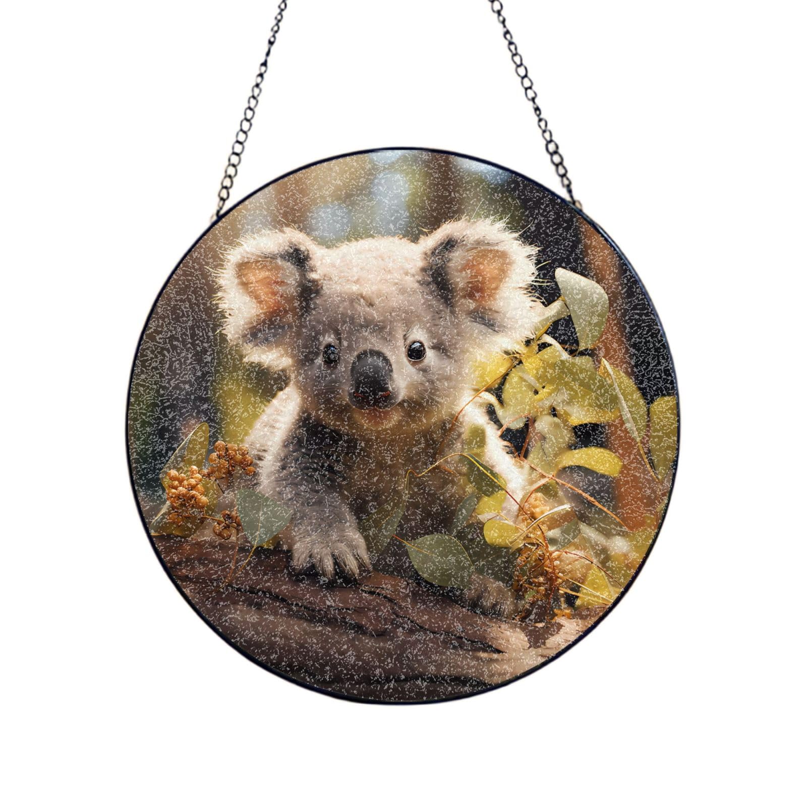 Phayah Cute Koala Plant Print Glass Window Hanging Round Suncatcher Glass Ornament Garden Wall Fence Decorations Indoor Outdoor 10in（25cm）