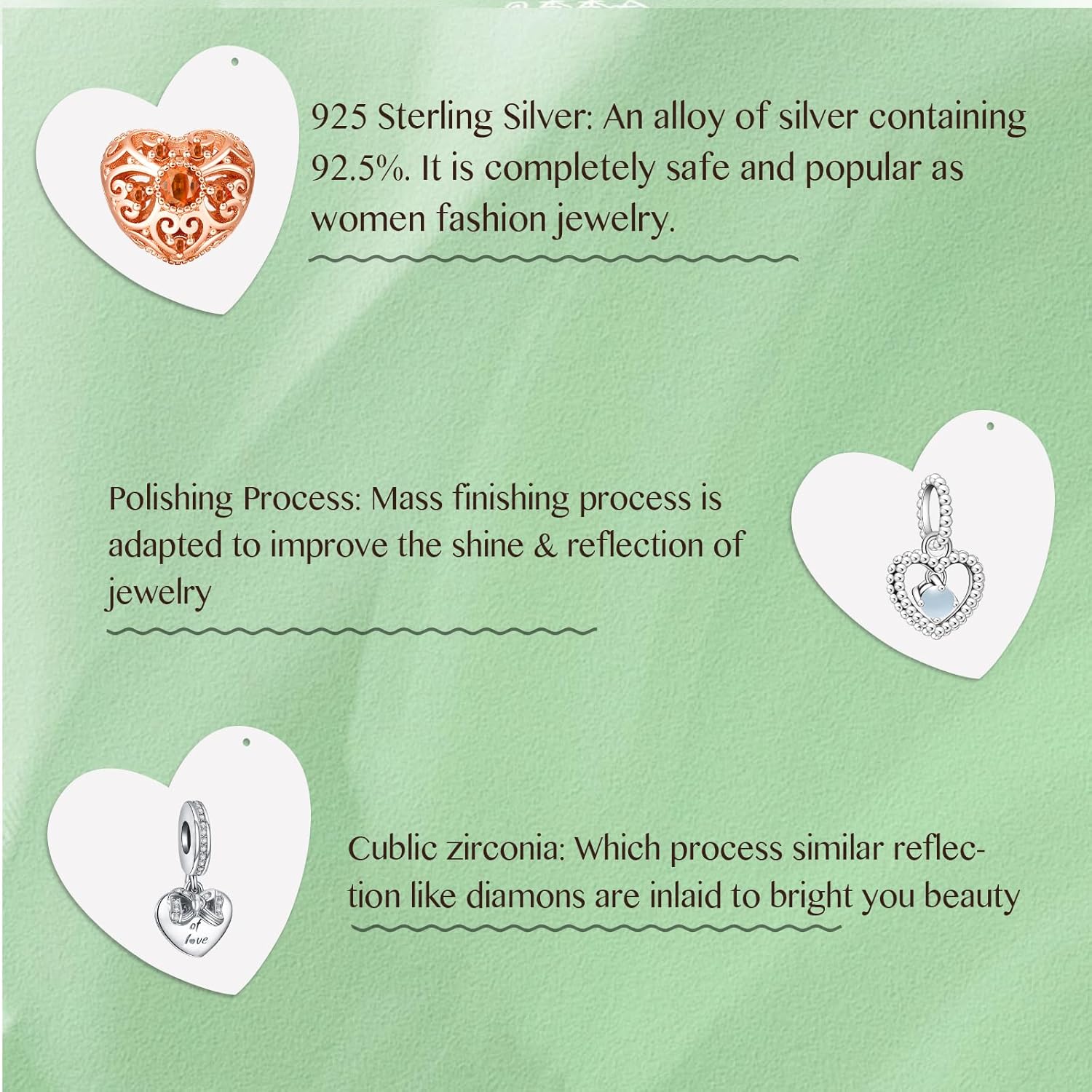 925 Sterling Silver Heart Bead Pendant Charms Set Rose Gold Charms For Women Bracelet Necklace Valentine's Birthday Day Gift for Wife 3-Piece/Package - Image 3