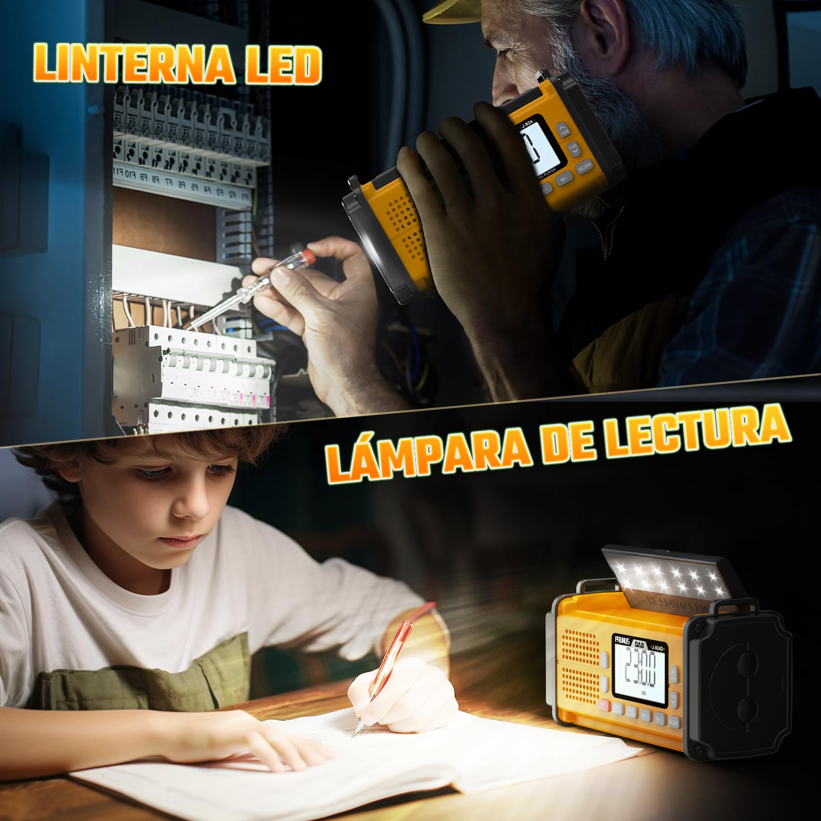 PRUNUS J-924 Dab/UKW Radio Digital con Función de Preselección, Radio Portatil Pequeña Recargable con Banco de Energía de 10000 mAh, Radio Solar y a Pilas, con Manivela,Linterna,SOS. (Amarillo)