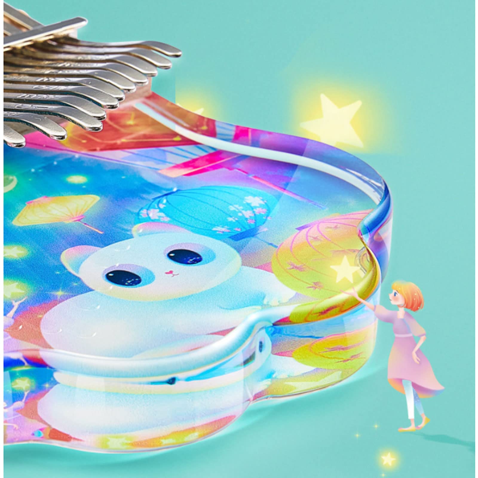 Exquisiter Klang Daumenklavier transparentes Acryl niedliches Cartoon-Sternennacht-Katzenmuster, Fingerklavier-Musikinstrument (Size : 17Keys,21Keys) Einfach zu Spielen