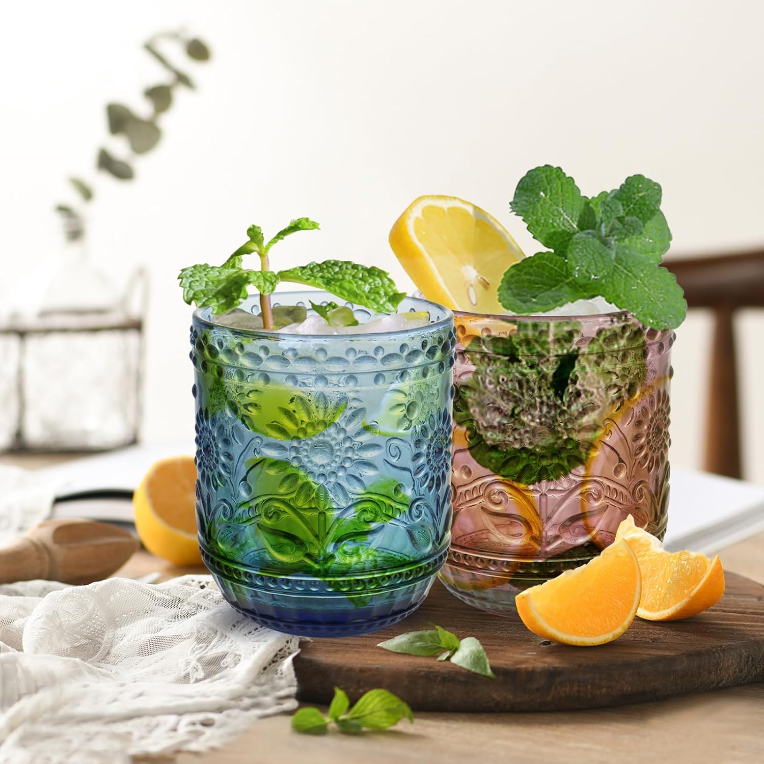 Vintage Drinking Glasses Set of 6, 12 oz Embossed Sunflower Colored Glassware Green Glass Cups for Cocktail, Wine, Juice, Whiskey, Milk, Heavy Duty - Image 6