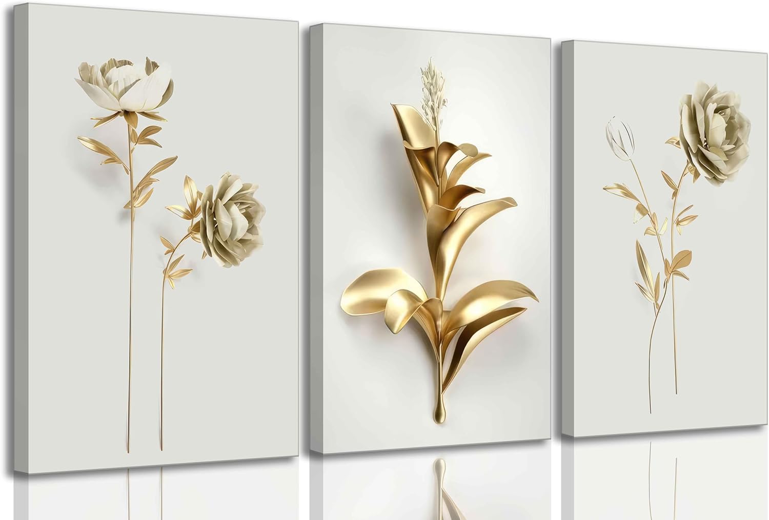 3Pcs Abstract Golden Flower Canvas Wall Art Modern Luxury Minimalism Nordic Floral Plant Painting Picture Wall Decor Poster Print Artwork for Living Room Bedroom Home Decoration