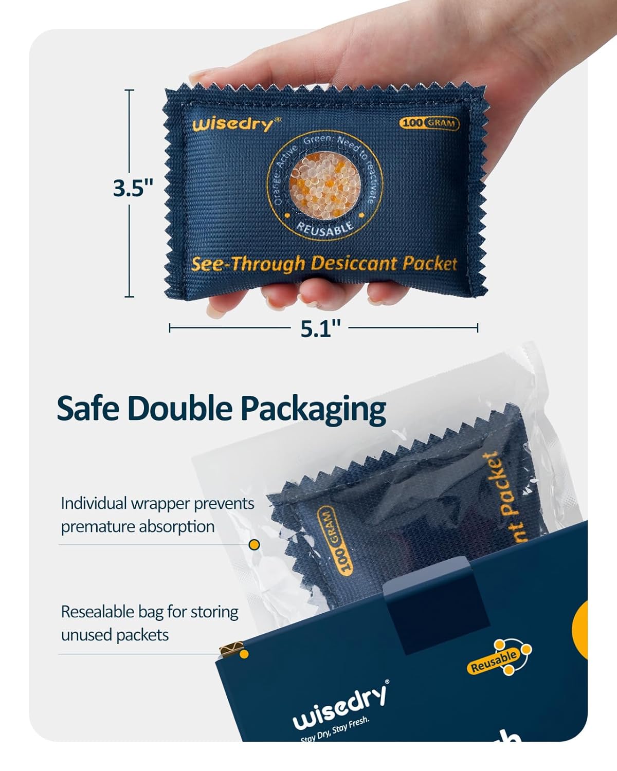 wisedry 100g [10 Packs] See-Through Desiccant Packs for Storage, Reusable Color Indicating Silica Gel Desiccant Packets, Moisture Absorbers for Gun Safe, 3D Filaments, Toolboxes, Safe, Electronics