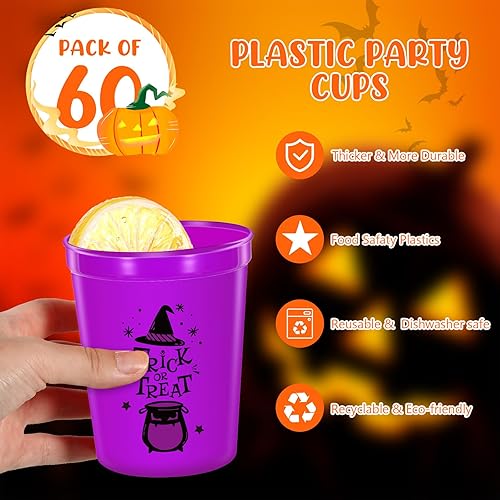 Miniatura 10 de Meanplan 60 vasos de plástico para fiesta de Halloween, de 12 onzas, tazas de fiesta de truco o trato, reutilizables, calabaza, calavera, bruja,