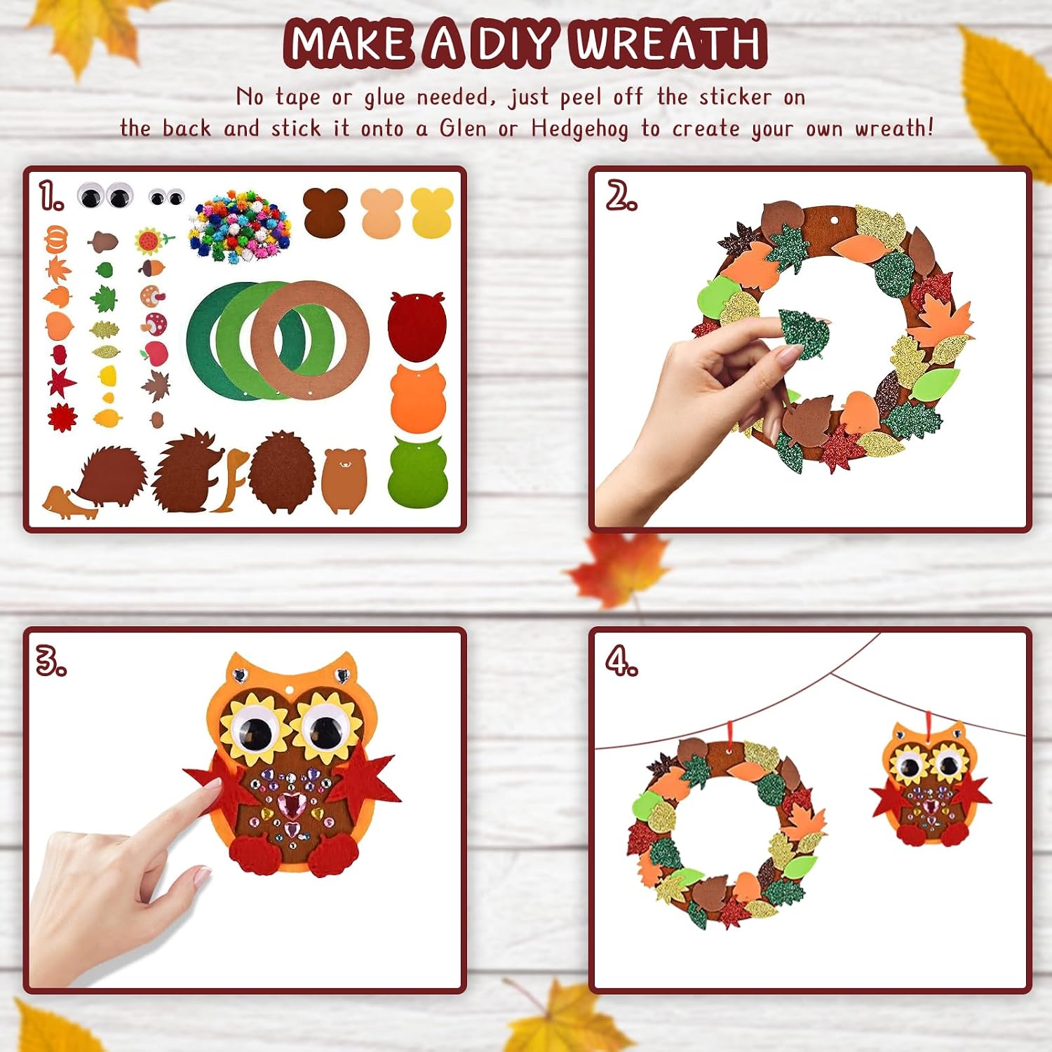 Geluode Fall Craft Kits 76 PCS,Thanksgiving Owls Hedgehogs DIY Maple Leaves Wreath with Wiggle Eyes,Hanging Ornaments for Autumn Thanksgiving Harvest Halloween Home Classroom Party Supplies