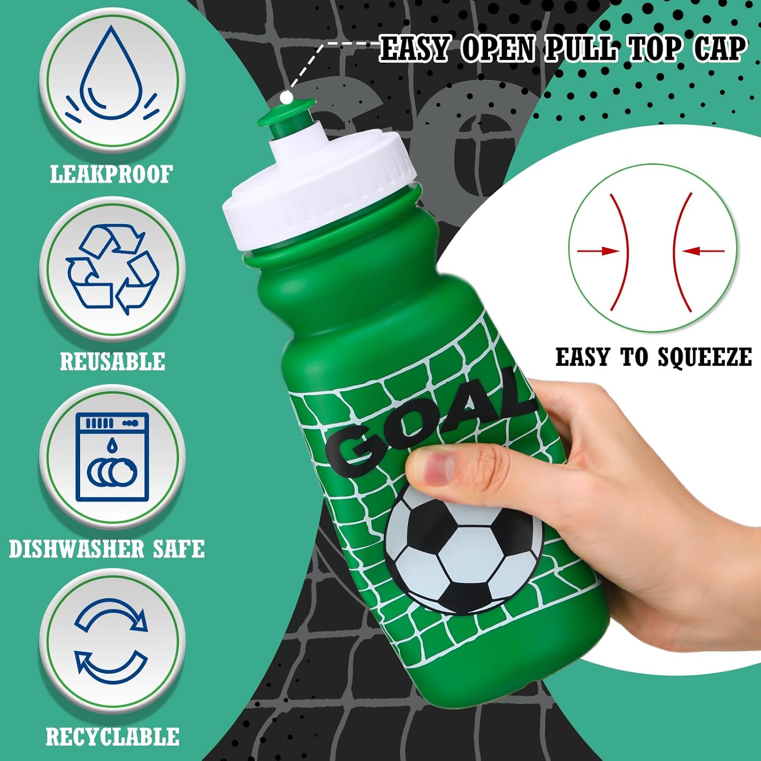 Nitial 12 Pack Water Bottles Bulk 20 oz Reusable Squeeze Water Bottles Plastic Sports Bottle with Pull Top Cap Sports Gifts Tumbler for Travel Gym Sport Party Supplies(Green,Soccer)