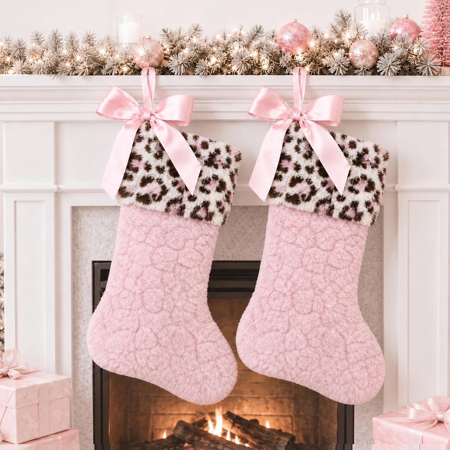 2 Pcs 20 Inch Black Leopard Christmas Stockings with Bow