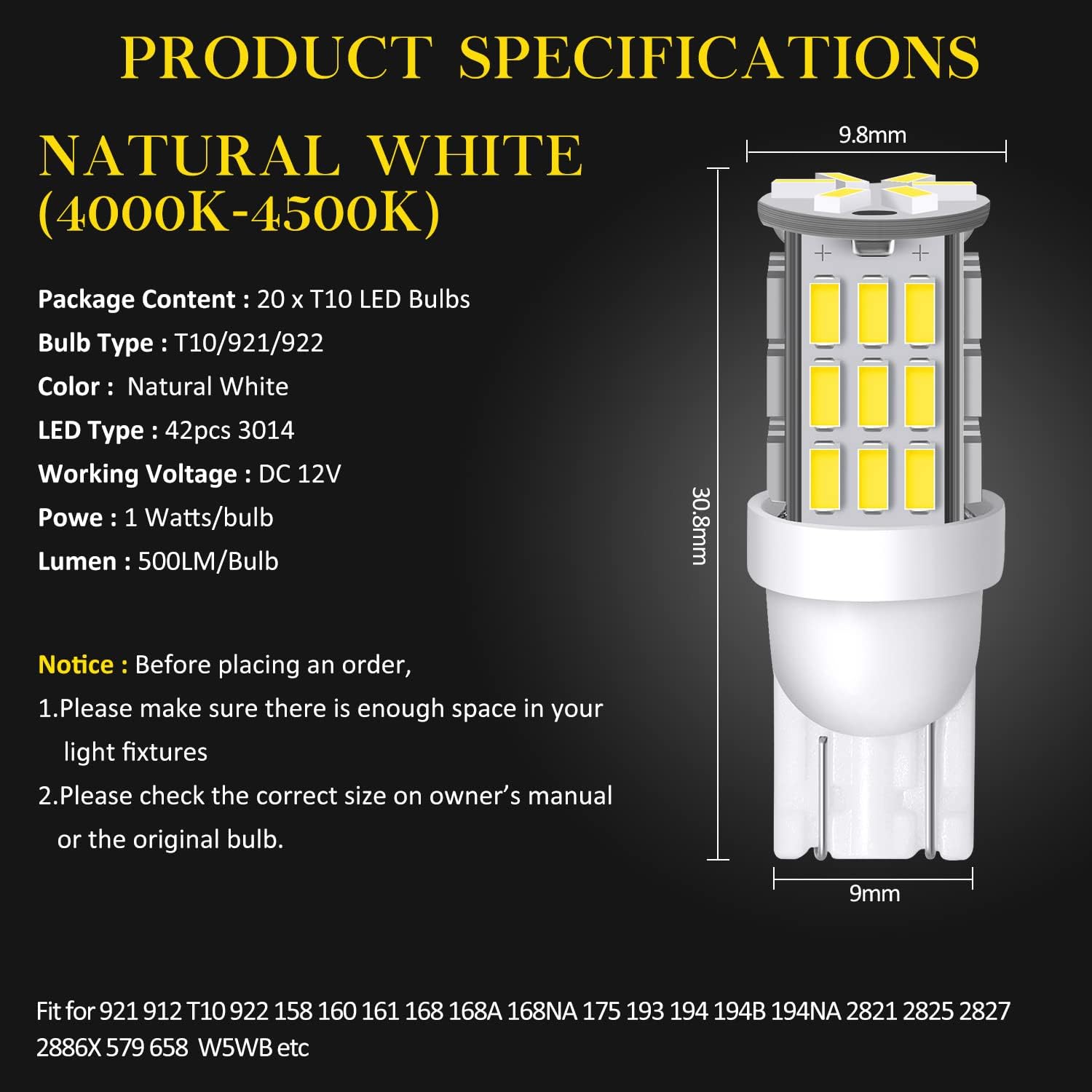 T10 921 194 168 LED Bulbs Natural White 20-Packs, Super Bright 3014 42-SMD LED Replacement 12 Volt RV Camper Trailer Boat Trunk Interior Dome Map License Lights, Backup Reverse Lights