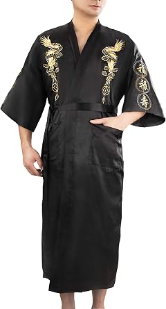 Men s Dressing Gown Bathrobe Satin Silk Bath Robe Kimono Gown Dragon Embroidery Yukata Hakma Vintage