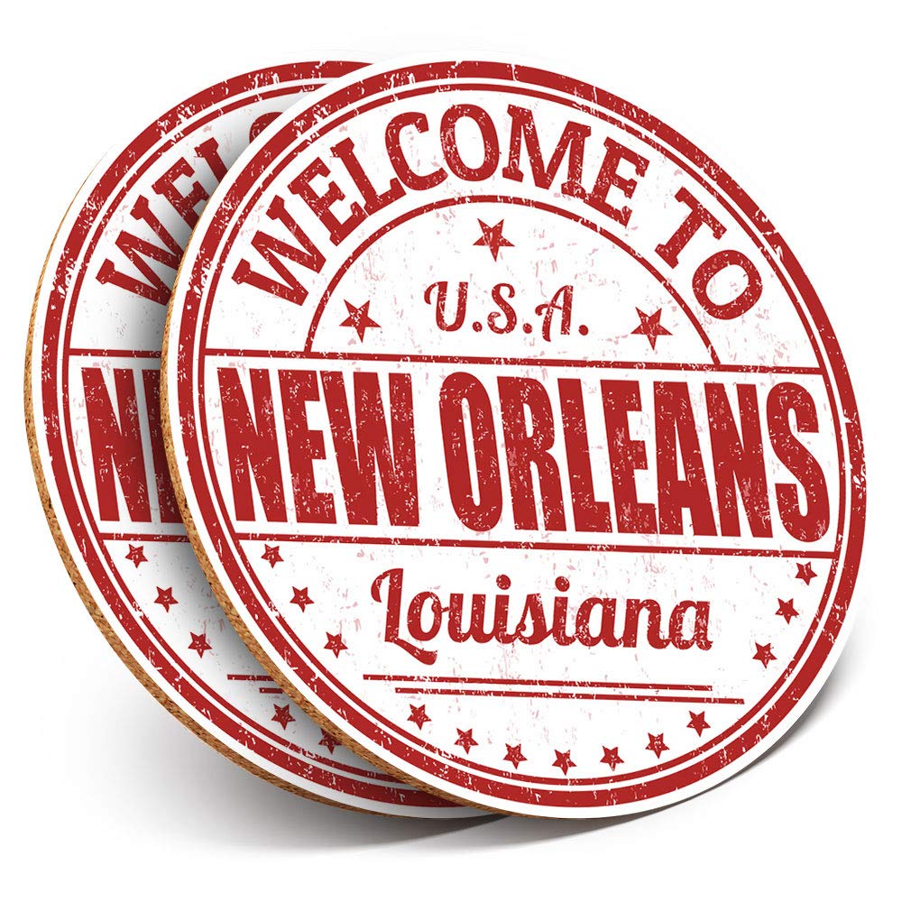 Destination Vinyl Ltd Multicolor 2 X Round Coasters - Welcome To New Orleans Louisiana Us - Cork Backed Home Kitchen Accessory Tea Coffee Mug Mat #5205