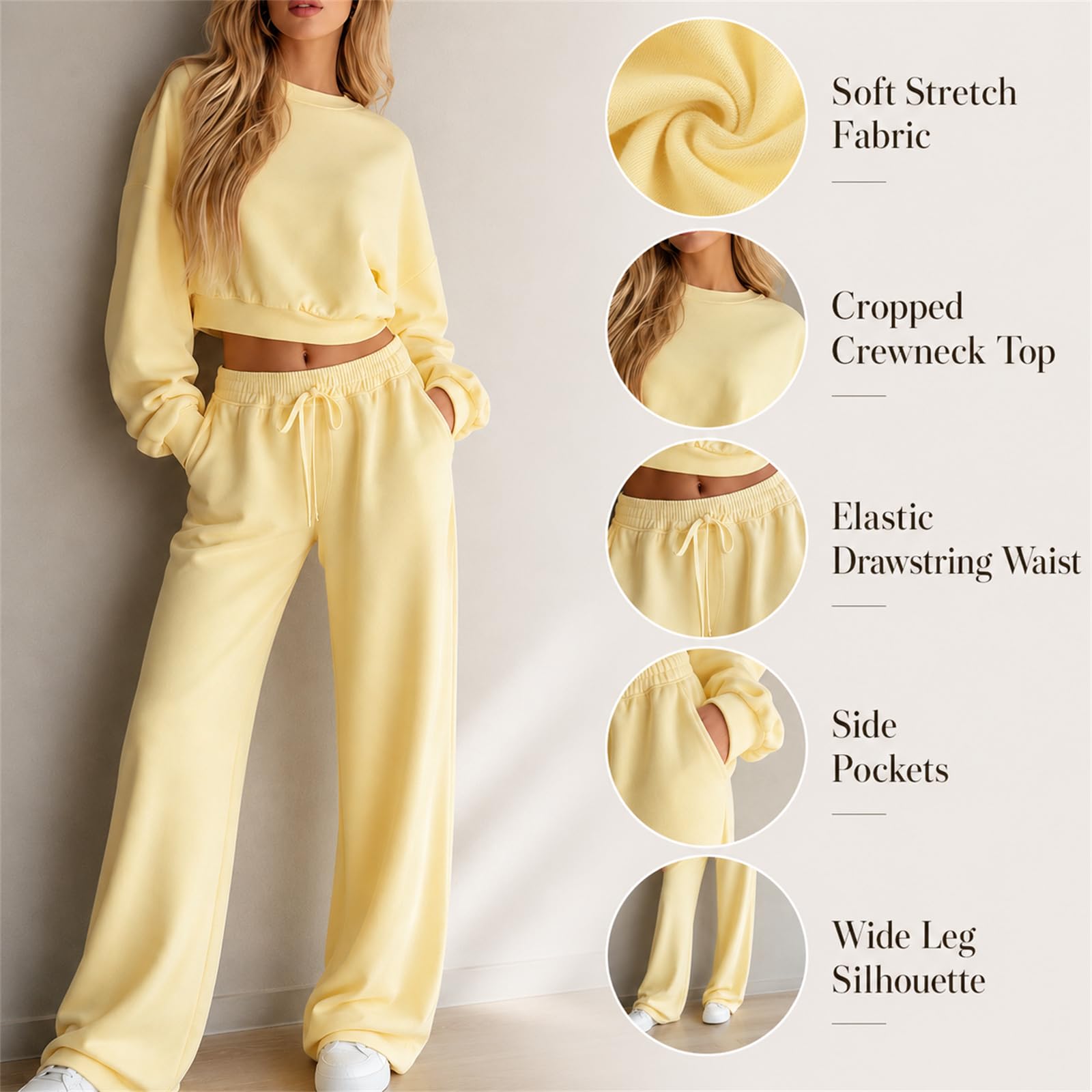 Damski zestaw 2 sztuk bluza Crop Pulower Luźne szerokie spodnie | Wygodny zestaw z krótką bluzą i szerokimi spodniami, idealny do podróży, relaksu i swobodnego stylu