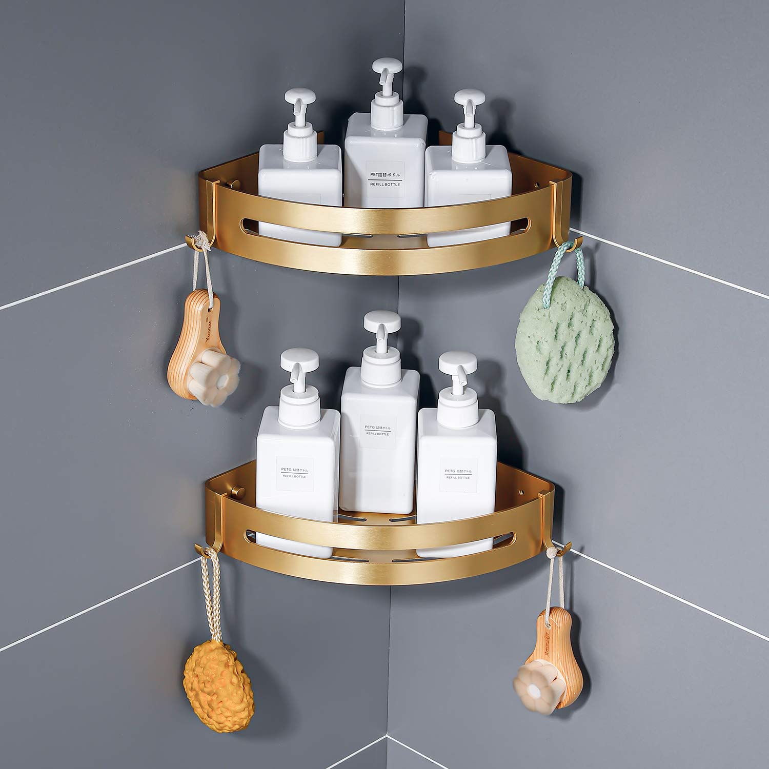 WDSOPK Gold Bathroom Corner Shelves With Hooks Wall Mounted Shower Caddy Nizer For Shampoo Drilling Or Adhesive Installation,