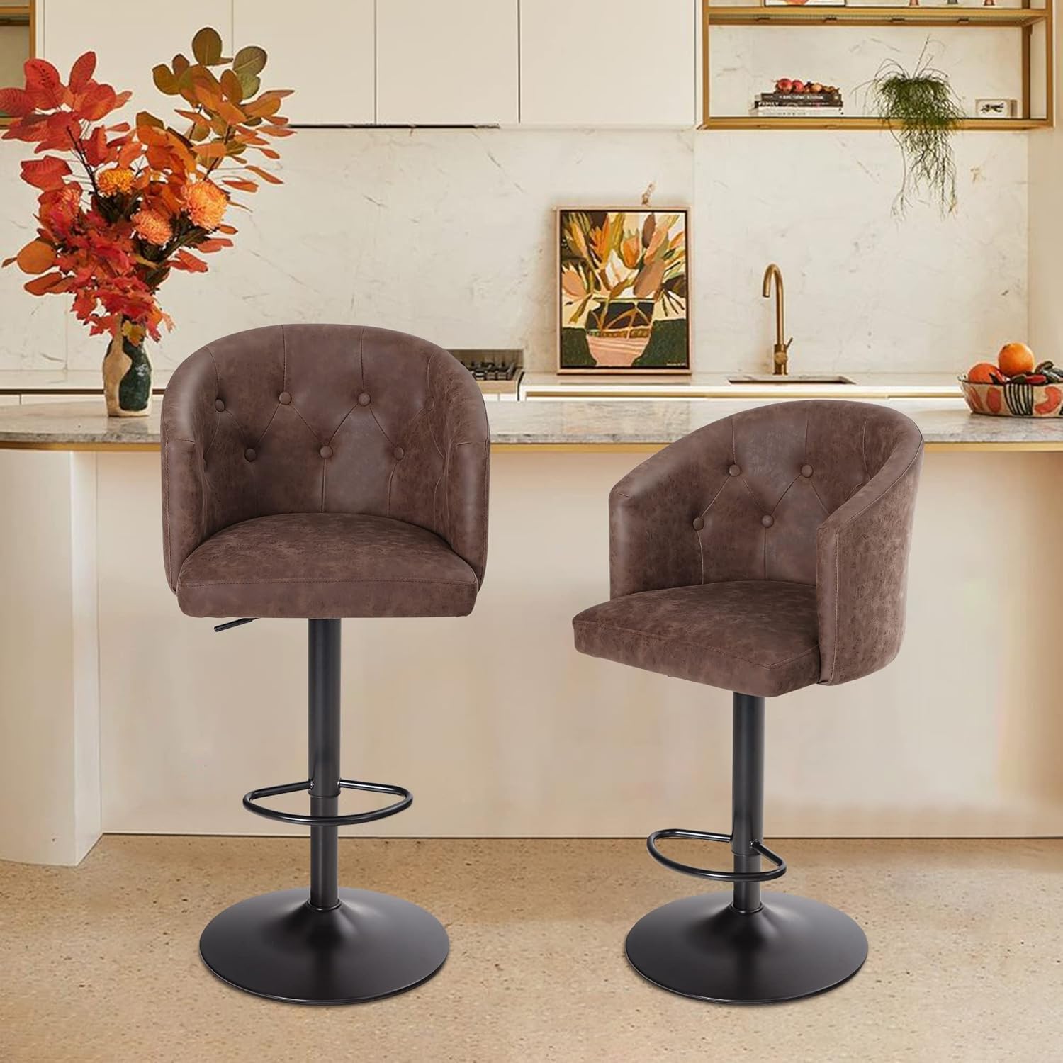 PHI VILLA Swivel Bar Stools,Adjustable Bar Chairs with Armrest and Backrest,Armchairs for Kitchen Island/Counter and Dining Room,Max Load Bearing up to 250 lbs,Brown,1 Pack : Home & Kitchen