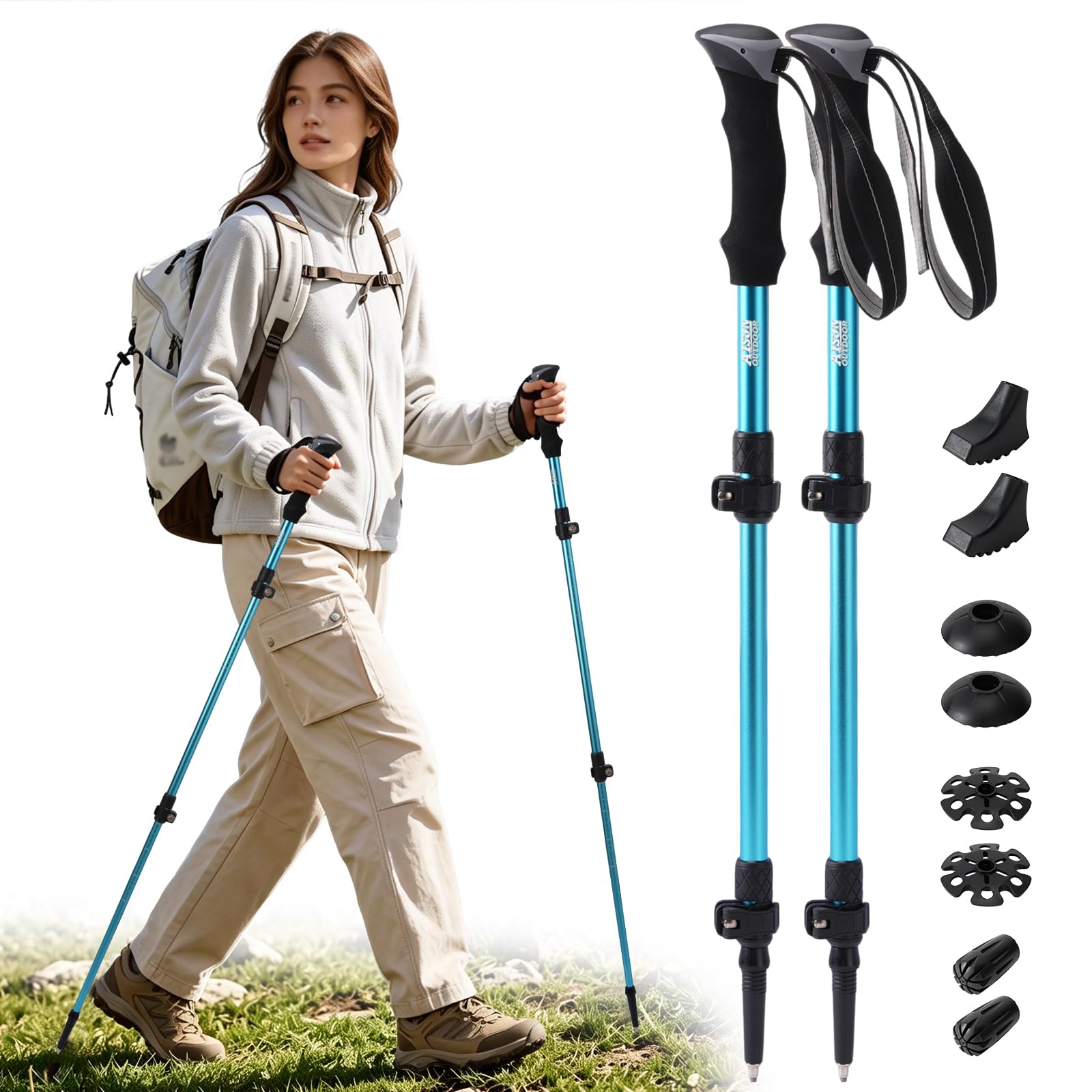 AISUNOURDOOR Lightweight Adjustable Trekking Poles, Aluminum Collapsible Travel Hiking or Walking Sticks for Women Children, with One Disposable Raincoat