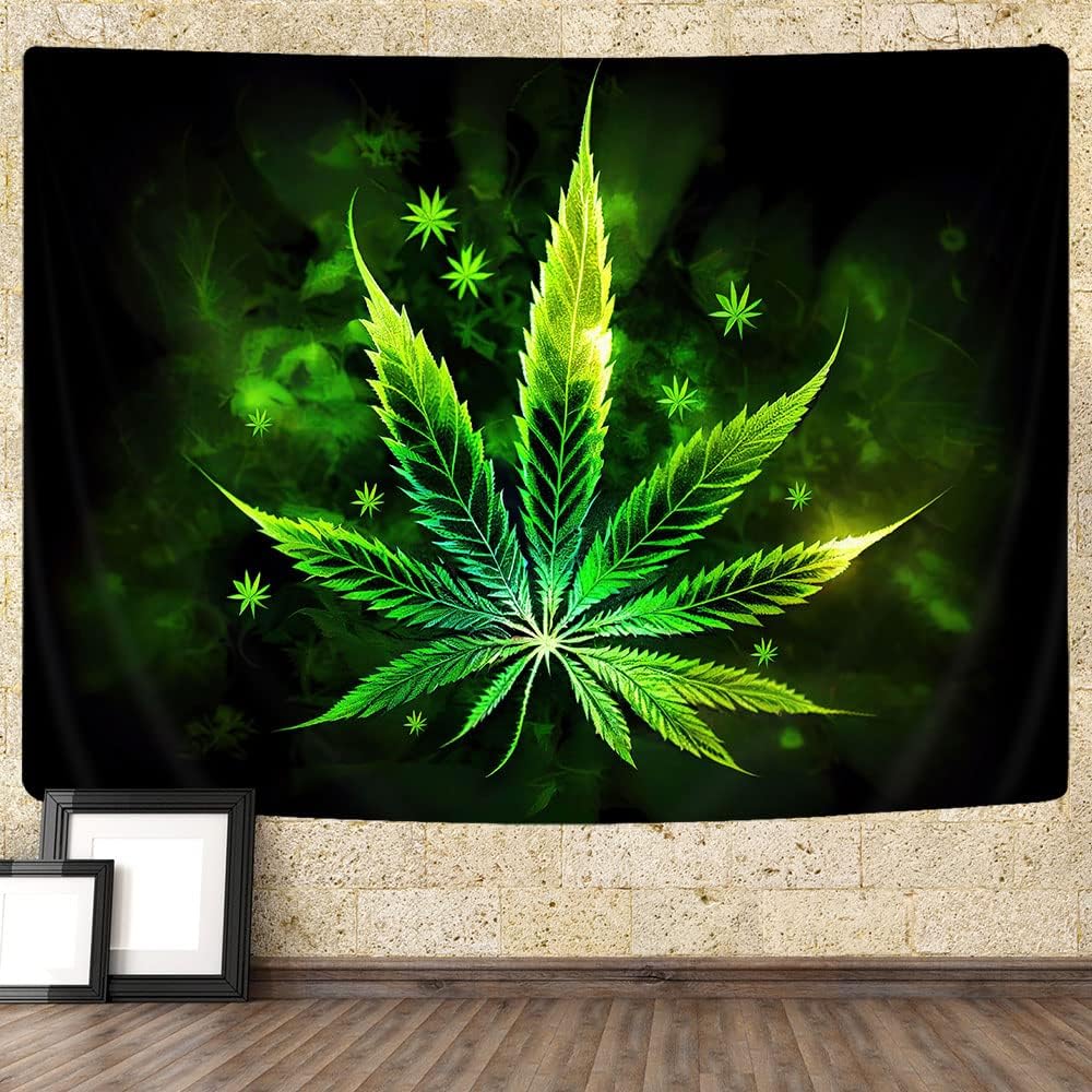 Cool Trippy Weed Tapestry for Men, Psychedelic Green Marijuana Tapestries for