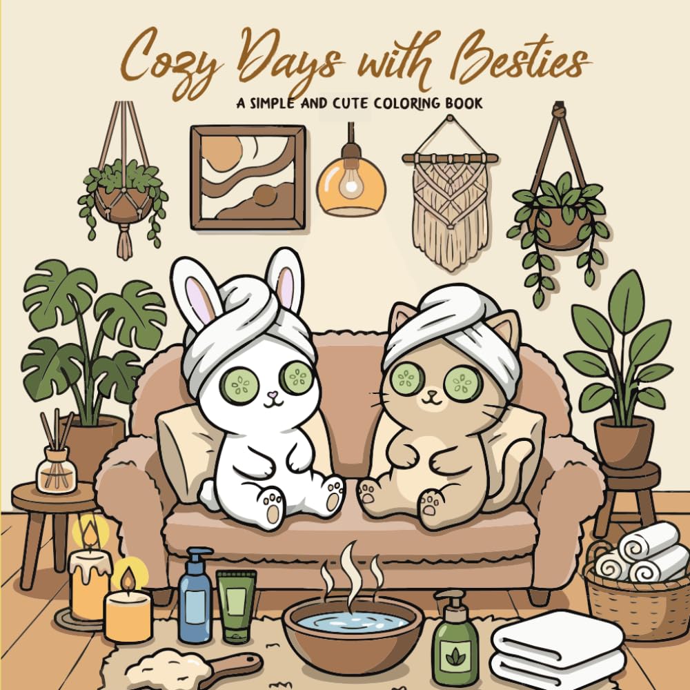 Cozy Days with Besties: A Simple and Cute Coloring Book for Teens and Adults, Featuring Heartwarming Moments of a Cat and Bunny.