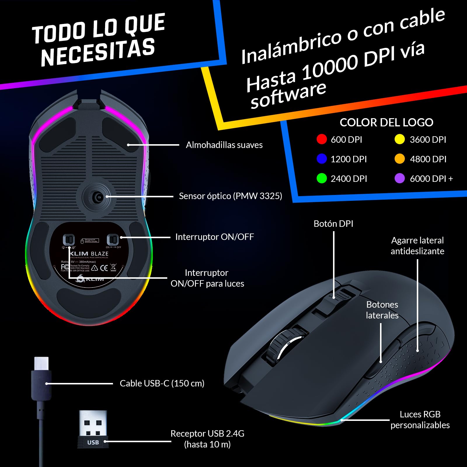KLIM Blaze Ratón Gaming Inalámbrico RGB Recargable, hasta 10000 dpi | Botones Probados para 20 Millones de Clics, Laterales Antideslizantes Adaptables a Cualquier Agarre, Negro