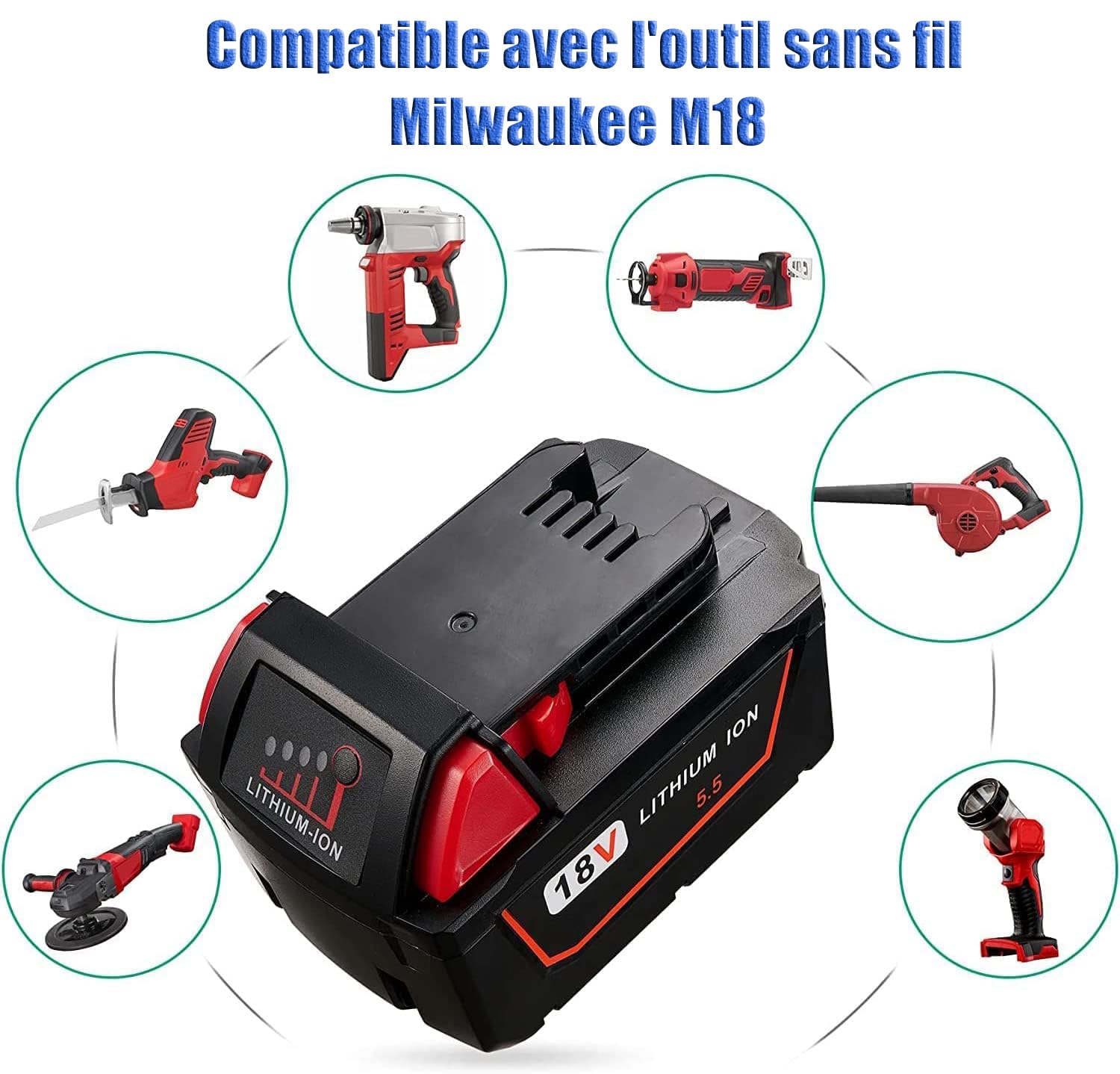 JYJZPB 2X 5.5Ah 18V Batterie Lithium-ION pour Milwaukee M18 48-11-1850