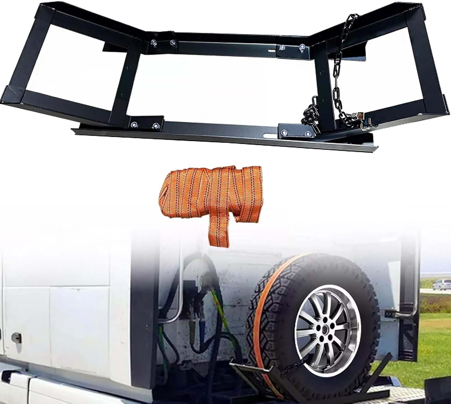 Adjustable Semi Truck Spare Tire Rack, Spare Tire Carrier Tire Mount Holder for Tractor Trailer Commercial Truck Versatile Secure Holder w/Ratchet Strap Chain