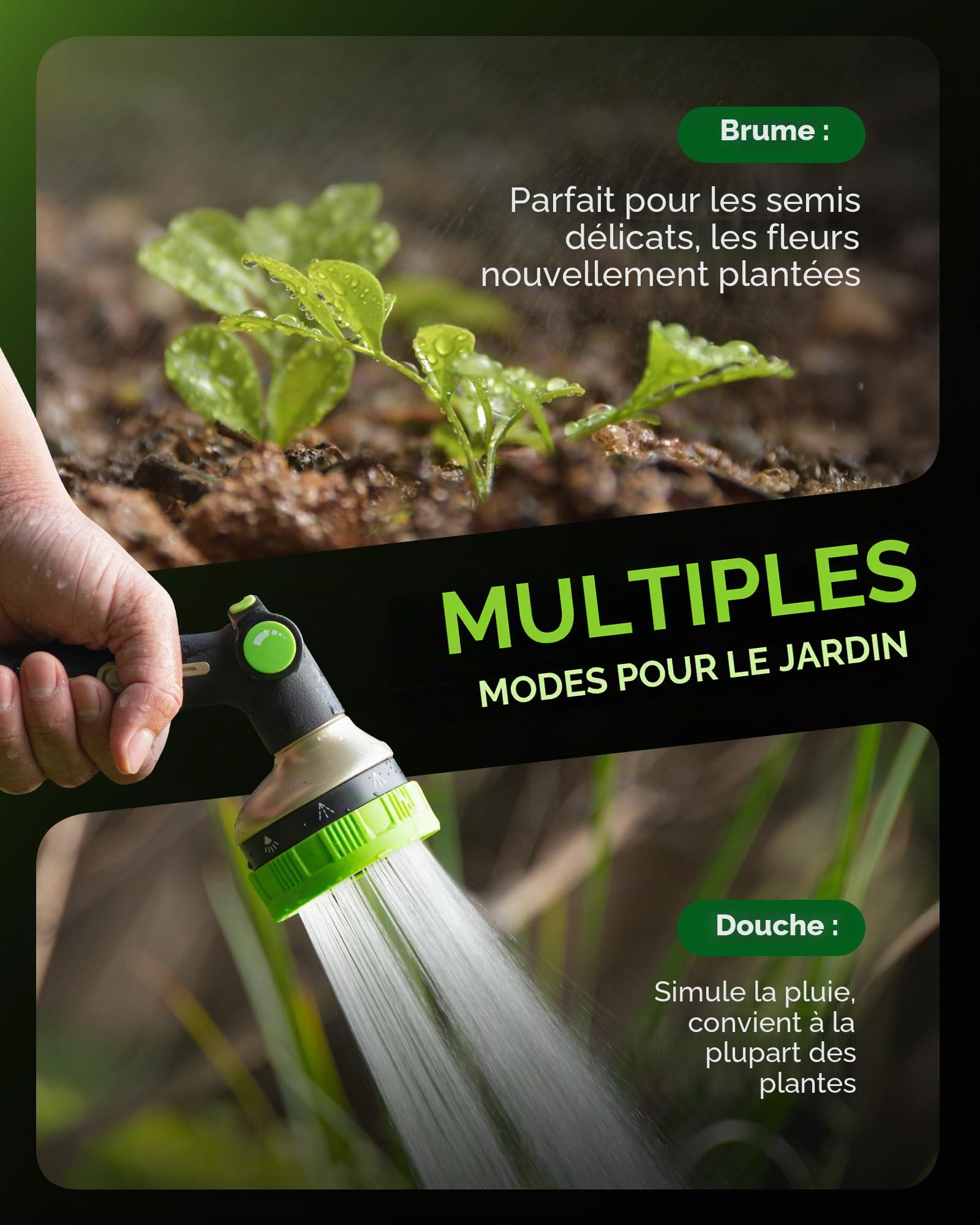 RAINPOINT Douchette de jardin en métal 8 fonctions - Débit d'eau réglable - Vert olive