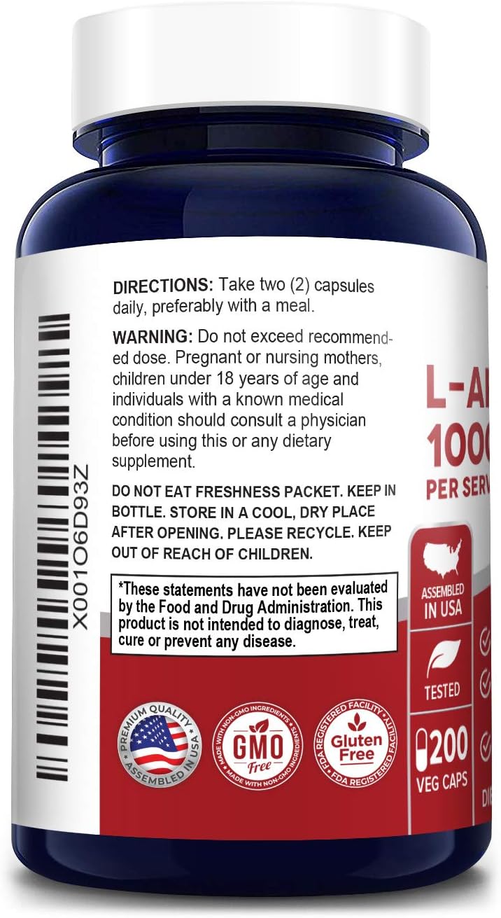 L-Arginine 1000 mg 200 Veggie Capsules (Non-GMO, Vegetarian & Gluten Free) Supports Cardiovascular Health* Supports Healthy Immune System* : Health & Household
