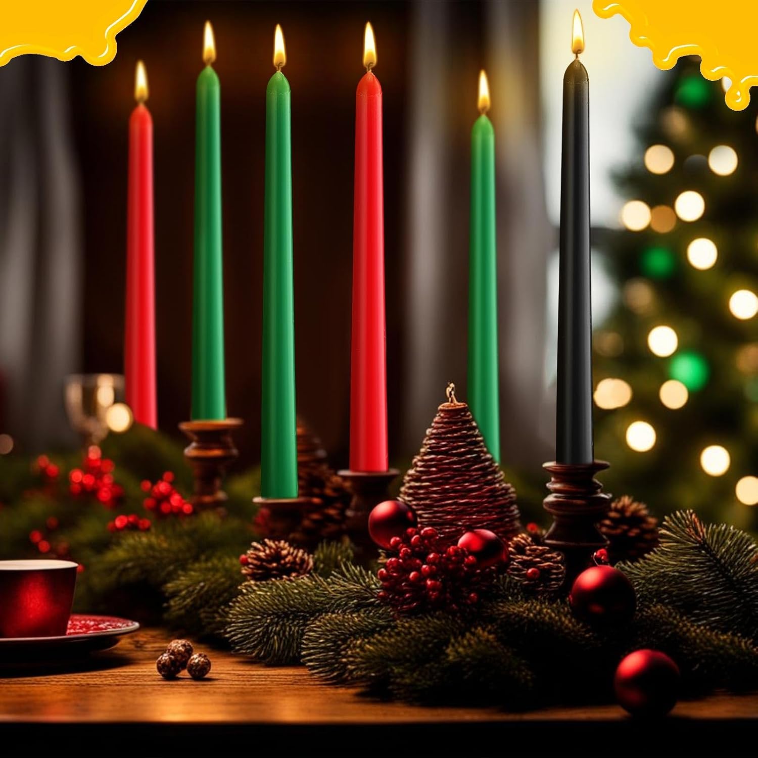 Nuanchu 2 Sets/14 Pcs Beeswax Kwanzaa Taper Candles, 6 Red, 6 Green, 2 Black Mishumaa Saba Candle Set, 10 Inch Dripless and Smokeless Beeswax Tall Candle Stick for Kwanzaa
