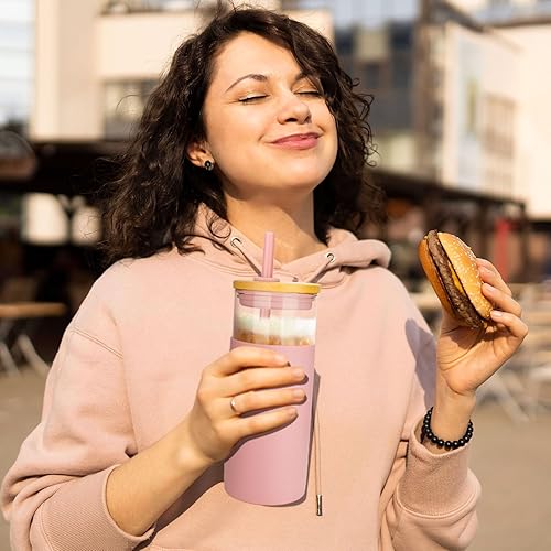 Miniatura 70 de Tronco Vaso de vidrio de 20 onzas con tapa y popote, taza de café helado y vaso para batido con tapas de bambú y funda protectora de silicona, apto