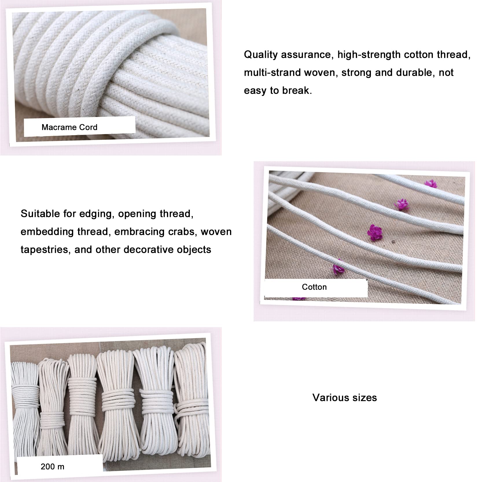 ZNKZJ Cordón de macramé para Manualidades,Cuerda de algodón Grueso Natural de 200 m,Cuerda de macramé Multiusos de 4 mm/6 mm/8 mm /10 mm de diámetro para macramé, Colgante de Pared,Beige-8mm