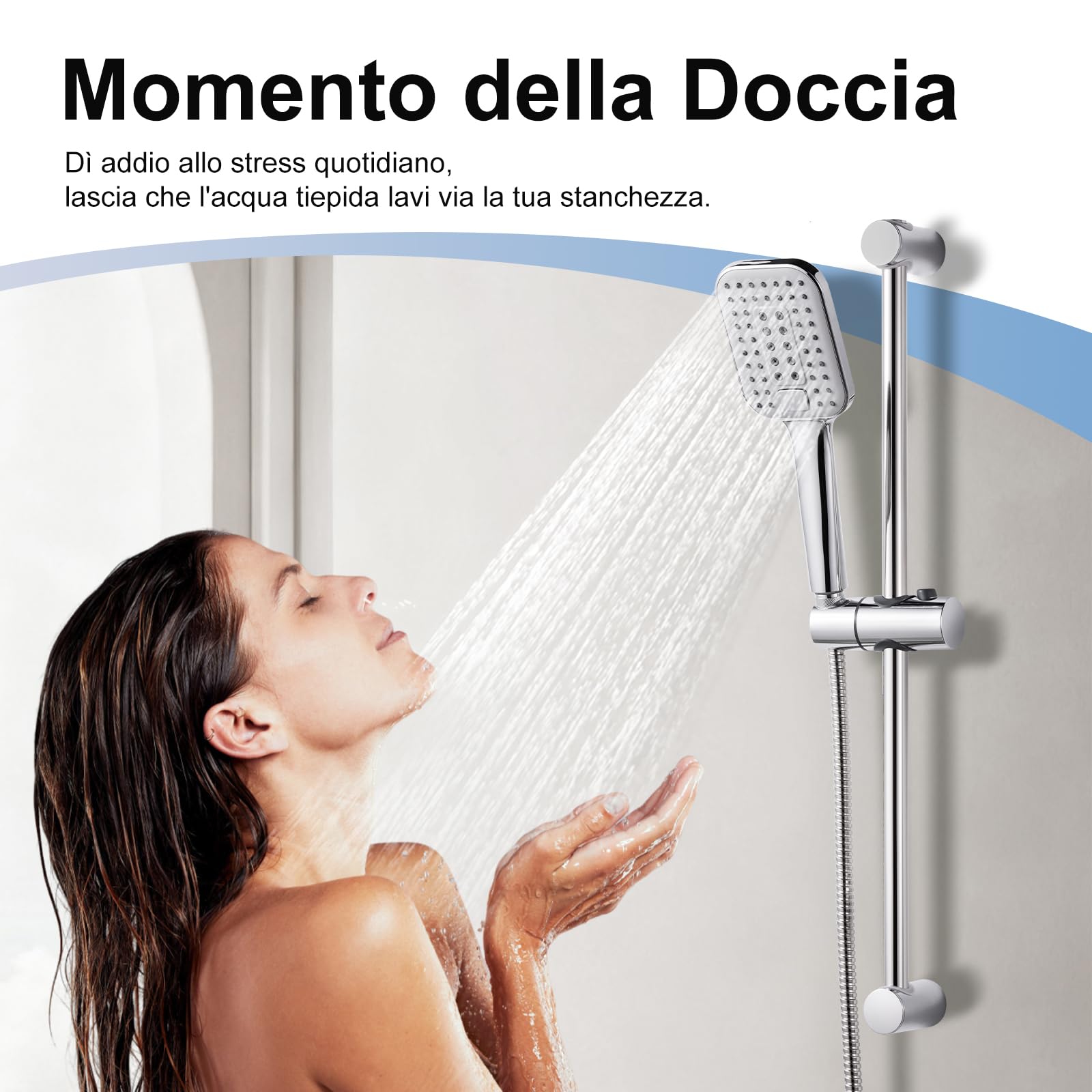 OFFO Soffione Doccia, Doccino per Doccia con 3 Modalità di Getto,Soffione Doccia Grande per Il Risparmio Idrico, Doccetta per Il Bagno, Copertura Grande, Rettangolare 12x9cm, Cromo
