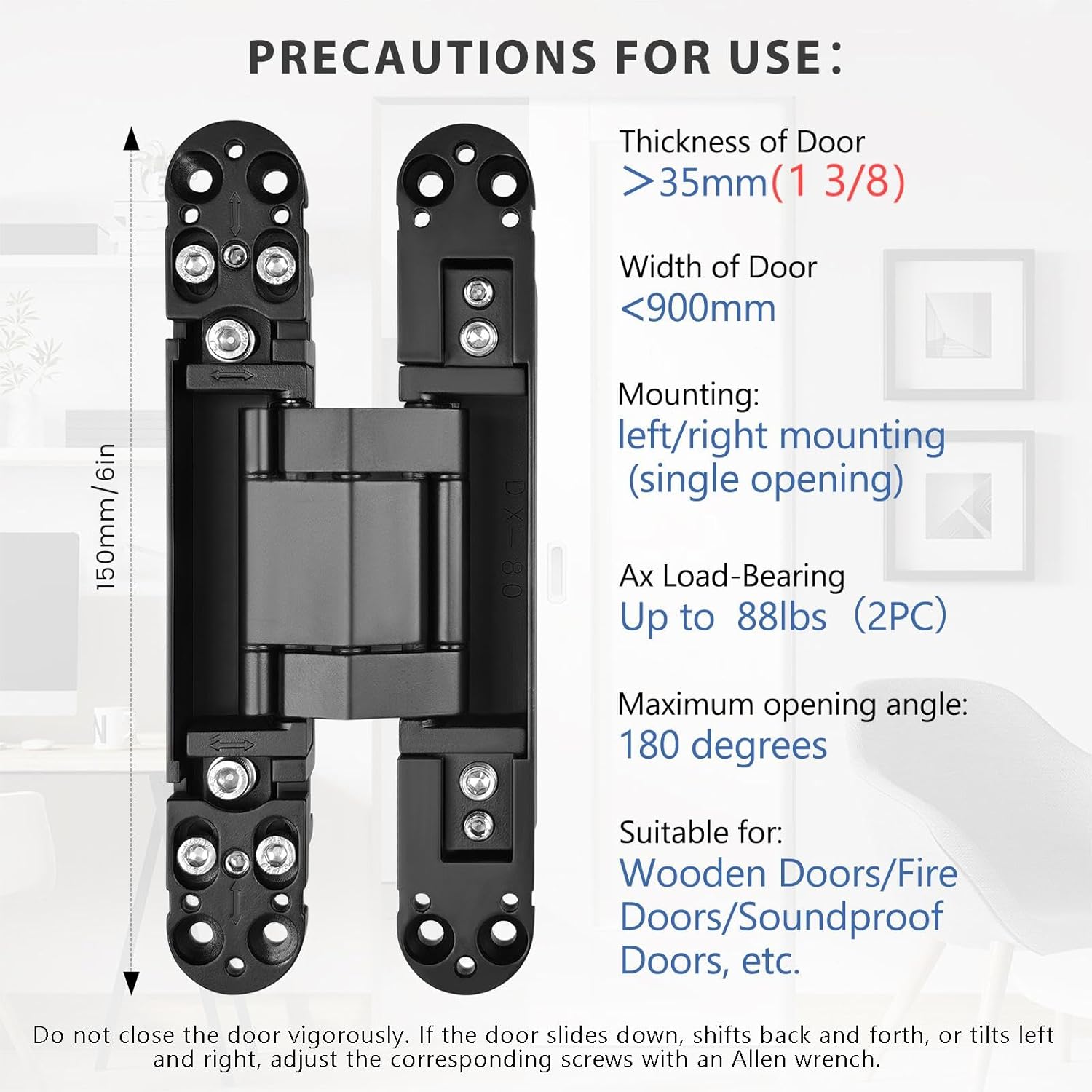 Hidden Door Hinge (6in)-2pc Invisible Door Hinges,3D Adjustable 180 Degree Invisible Hinges,88 lb.Load Capacity.(Black, 6 x 2.5 x 1)