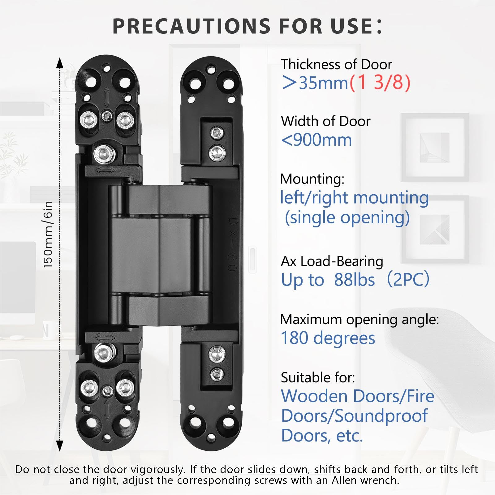 Bisagra de puerta oculta, bisagras de puerta invisibles de 6 pulgadas, bisagras invisibles ajustables 3D de 180 grados, capacidad de carga (negro, 6 x 2.5 x 1)