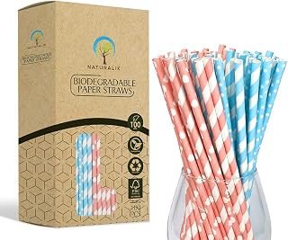 Naturalik 100-Pack Light Pink & Blue Biodegradable Paper Straws- Ultra Strong Paper Straws- Gender reveal party decorations, Gender reveal celebrations, Baby Shower decorations for girl boy, Birthday