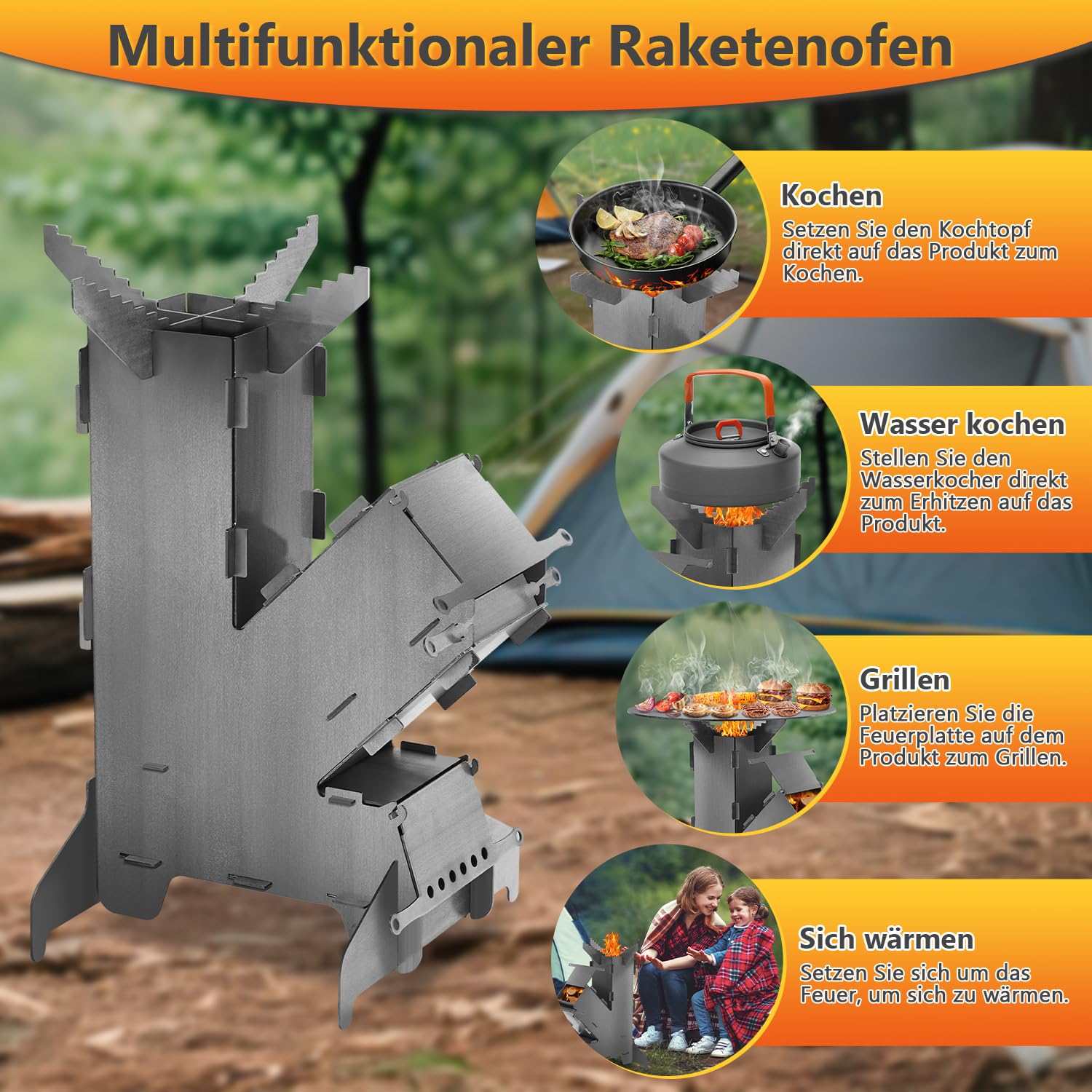 Raketenofen mit Grillplatte und Feuerhaken, Rocket Stove Outdoor, Stecksystem, 3 mm dickem Stahl, Holzofen Campingofen Pelletofen für Dutch Oven BBQ