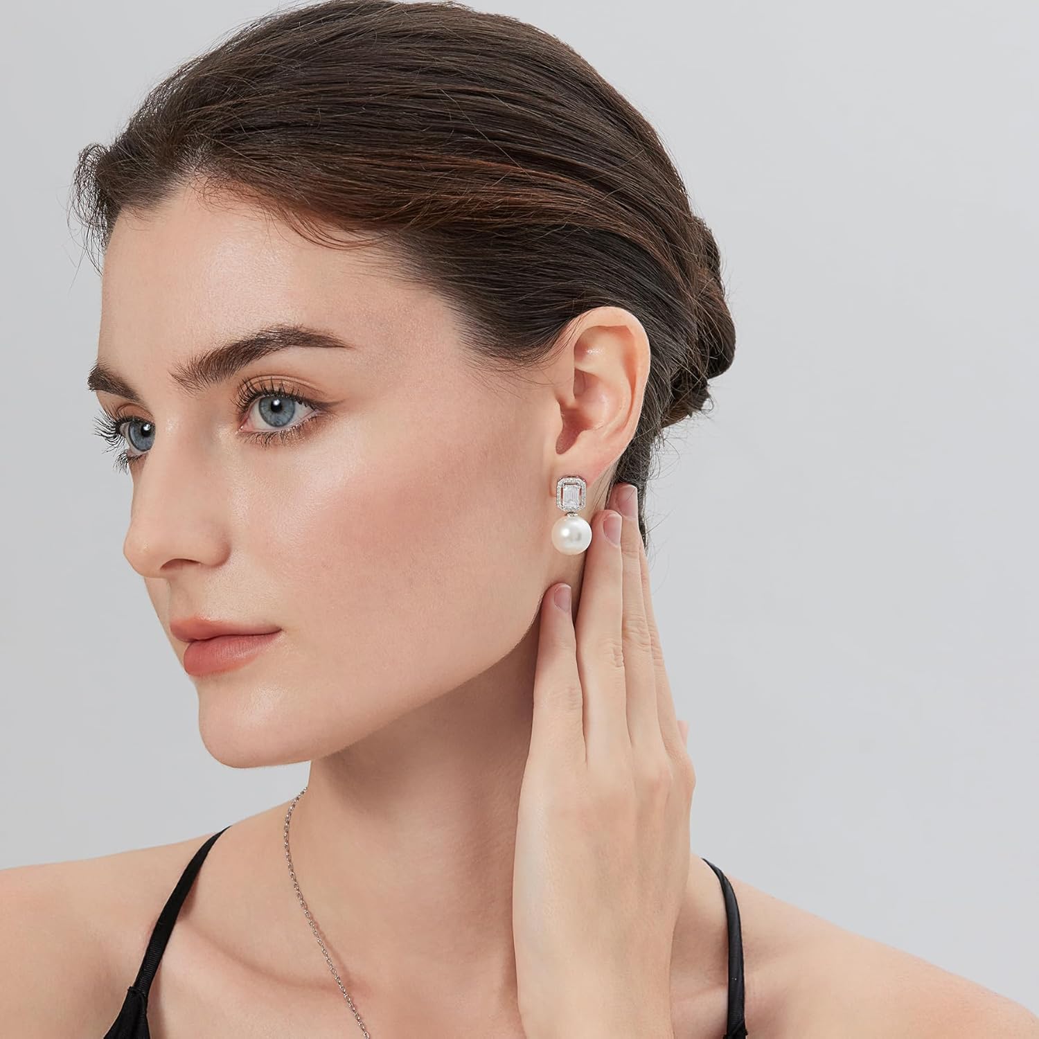 Jiamiaoi Large Pearl Earrings 925 Sterling Silver Pearl Earrings with Cubic Zirconia in White/Gray Colors, Come with Gift Box - Image 2