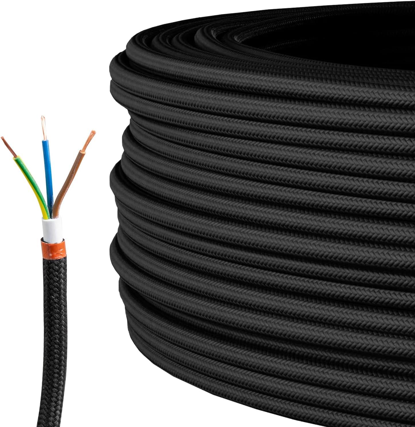 LEDSone 10 Meter 3 Core Electrical Round Wire Industrial Pendant Light Wires Flexible Round Electrical Cord Fabric Covered Lamp Wire for Earthed Pendant Lights with Durable & Stylish (Black)