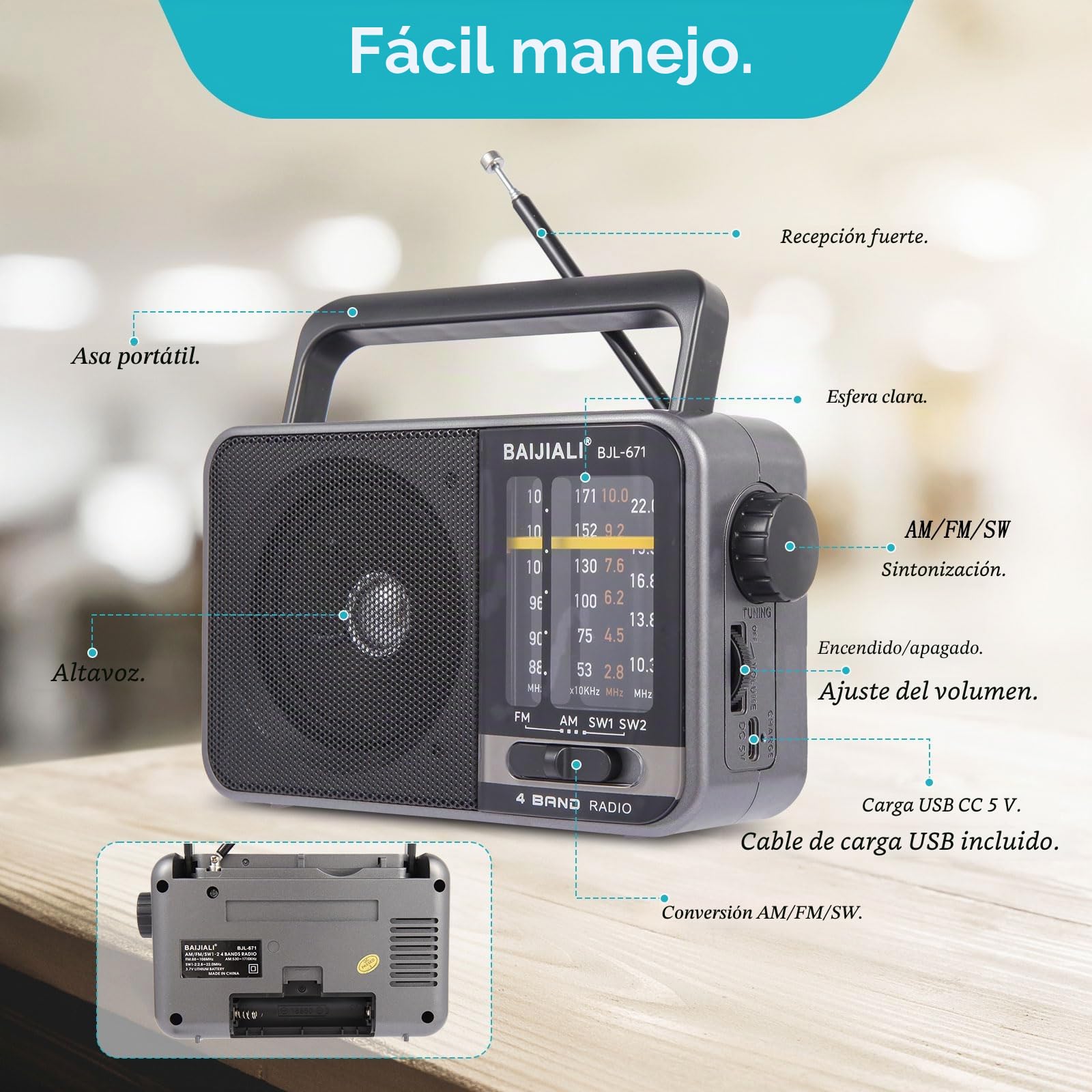 Radio transistor AM/FM portátil con altavoz, batería o USB | Radio de emergencia compacta para interiores, exteriores, viajes y tormentas (modelo BJL-671)
