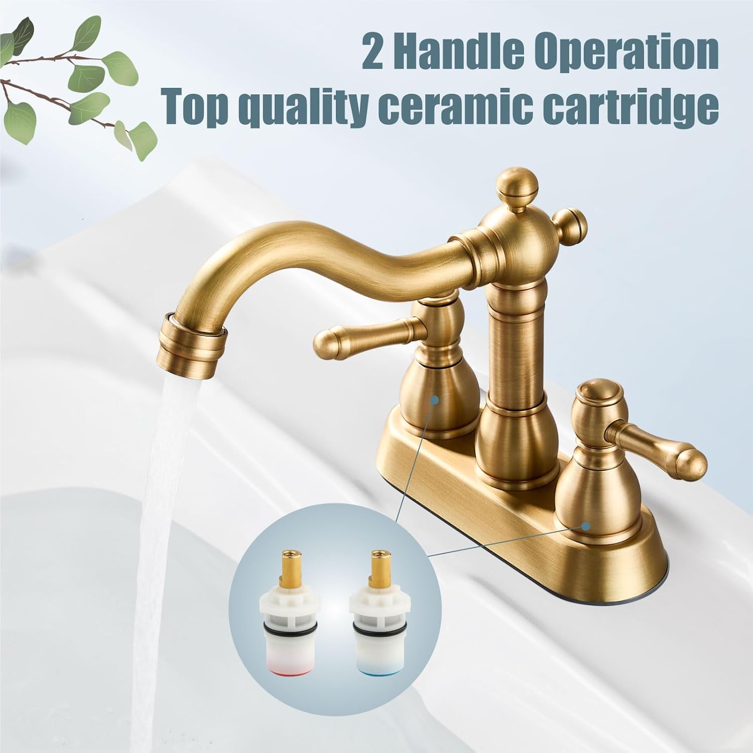 Aolemi 4 Inch Centerset Bathroom Sink Faucet Double Handle Two Hole Vintage RV Vanity Basin Lavatory Mixer Tap with Pop Up Drain Deck Mount Swivel Long Neck Spout Antique Brass
