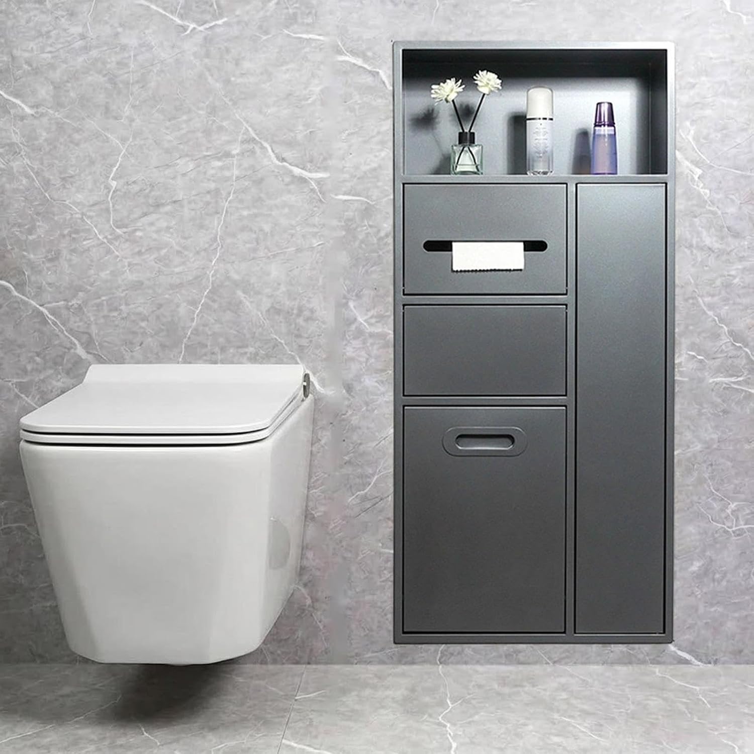 Recessed Stainless Steel Bathroom Niche with Built-in Trash Can & Holder