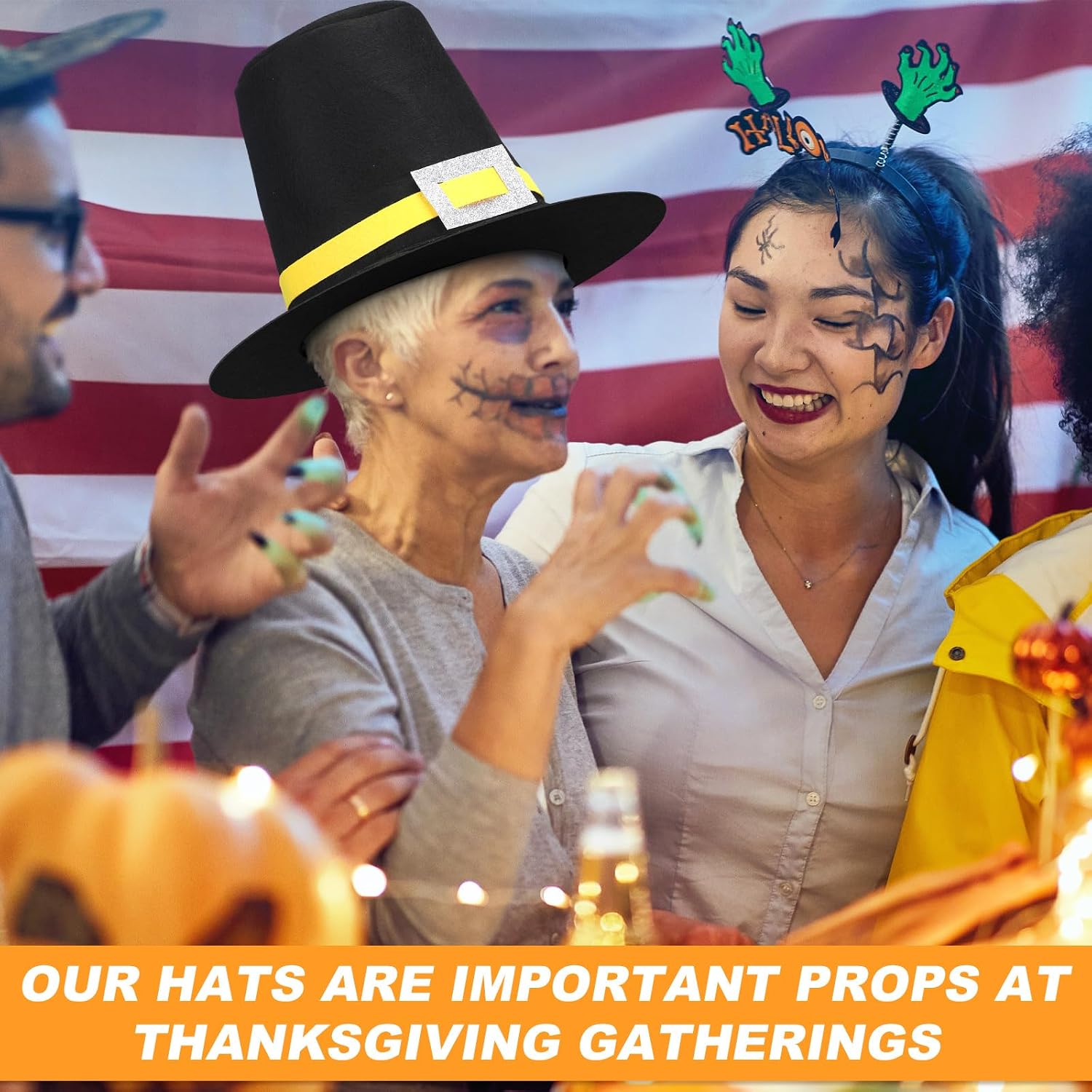 6 Pcs Thanksgiving Felt Pilgrim Hats Bulk for Adults | Pilgrim Hat with Gold Buckle, Black Felt Costume Accessory for Turkey Day Party, Theater Cosplay, Photo booth props Men Woman
