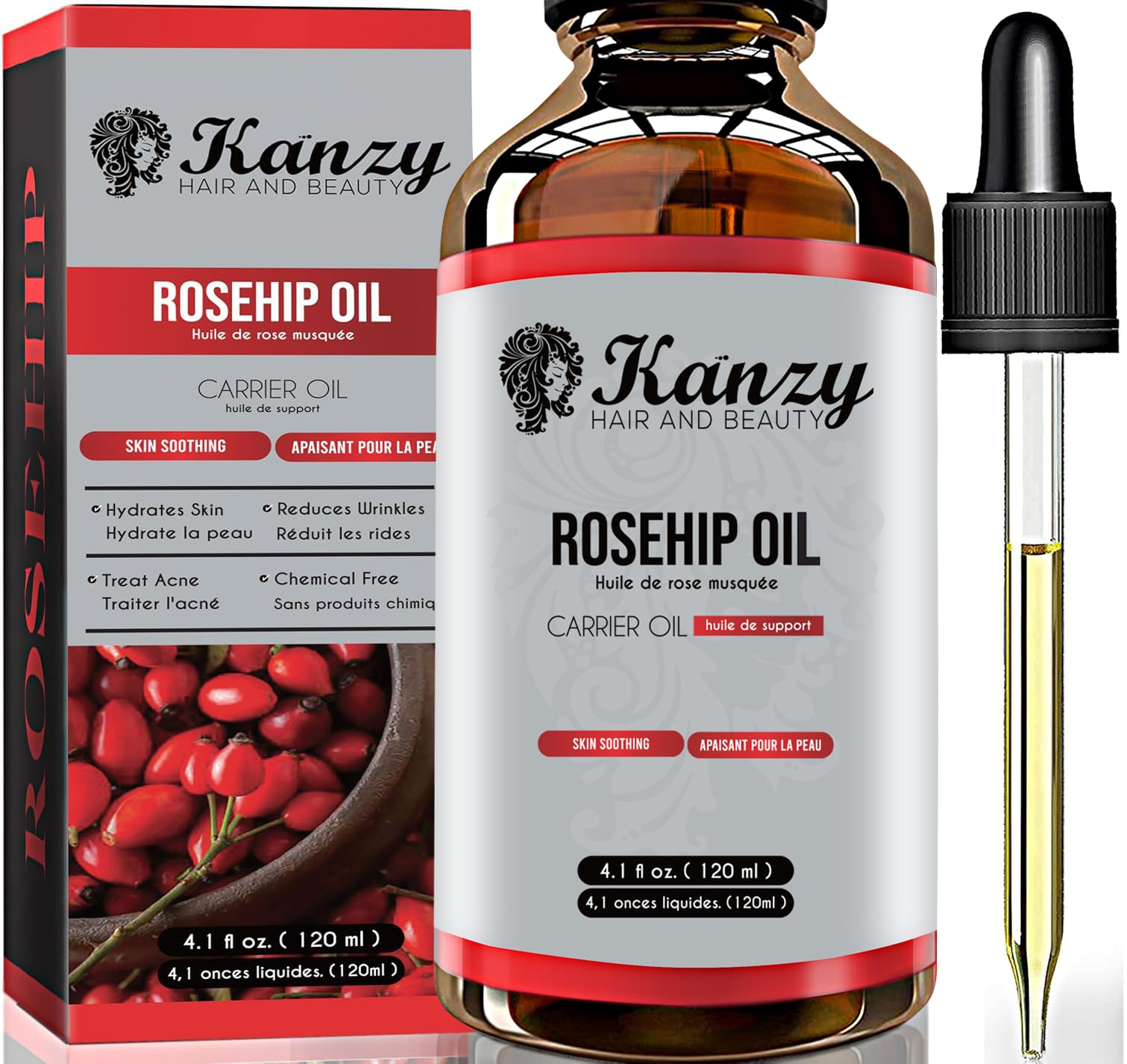 Kanzy Rosehip Oil for Face 120ml - 100% Organic Cold-Pressed Rosehip Oil for Skin, Hair, Nails & Body | USDA Certified, Vegan & Cruelty-Free Moisturizing Oil for Daily Use