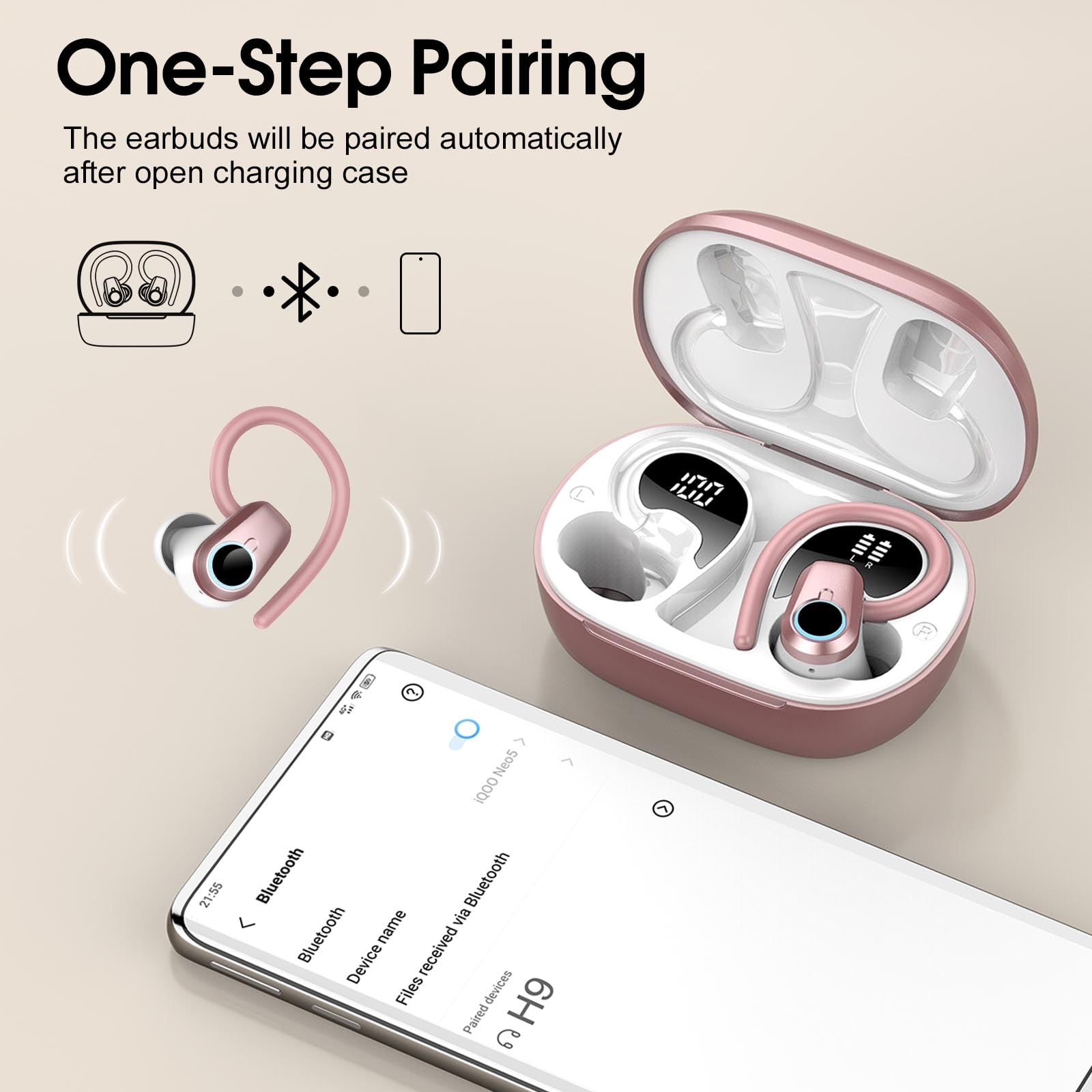 Poounur Cuffie Bluetooth sportive, senza fili, Bluetooth 5.3, con 4 microfoni, LED Earbuds, 50 ore di bassi profondi, impermeabili IP7, per lavoro, studio, sport