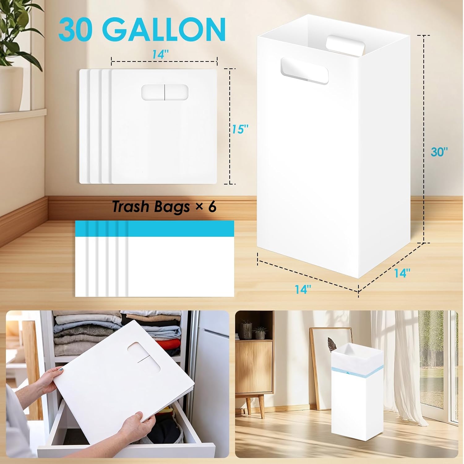 4 Pack Extra Large Disposable Trash Cans, Reusable Portable Garbage Can with Handle, 30 Gallon Extra Thick Collapsible Recycled Cardboard Garbage Can Recycling Bins for Parties,White (30x14x14 Inches)